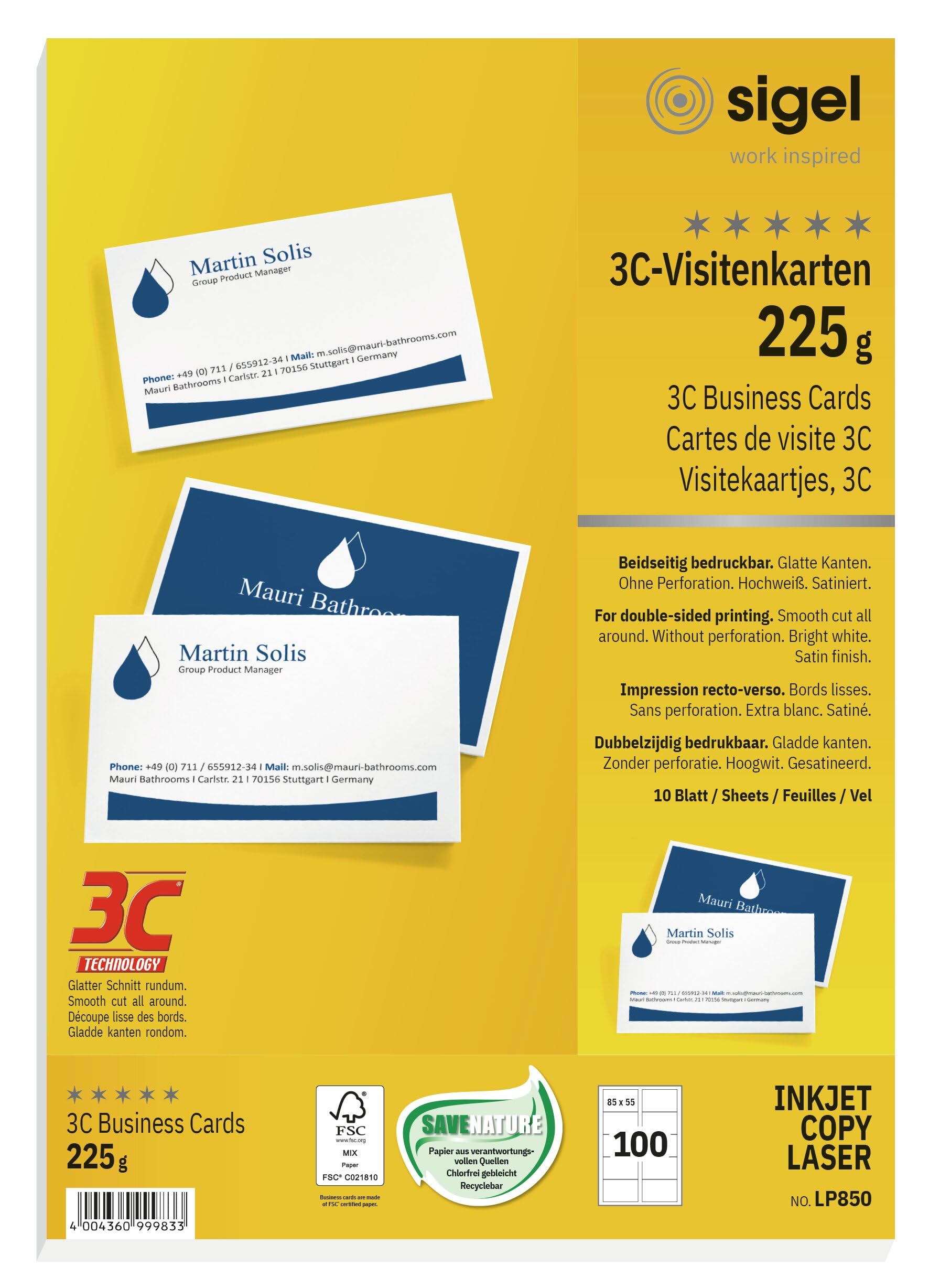 SIGEL LP850, 85x55 mm (A4), Business Cards, 3C, smooth cut all around, 225 gsm, printable, bright White, 100 Piecesequal to10 sheets