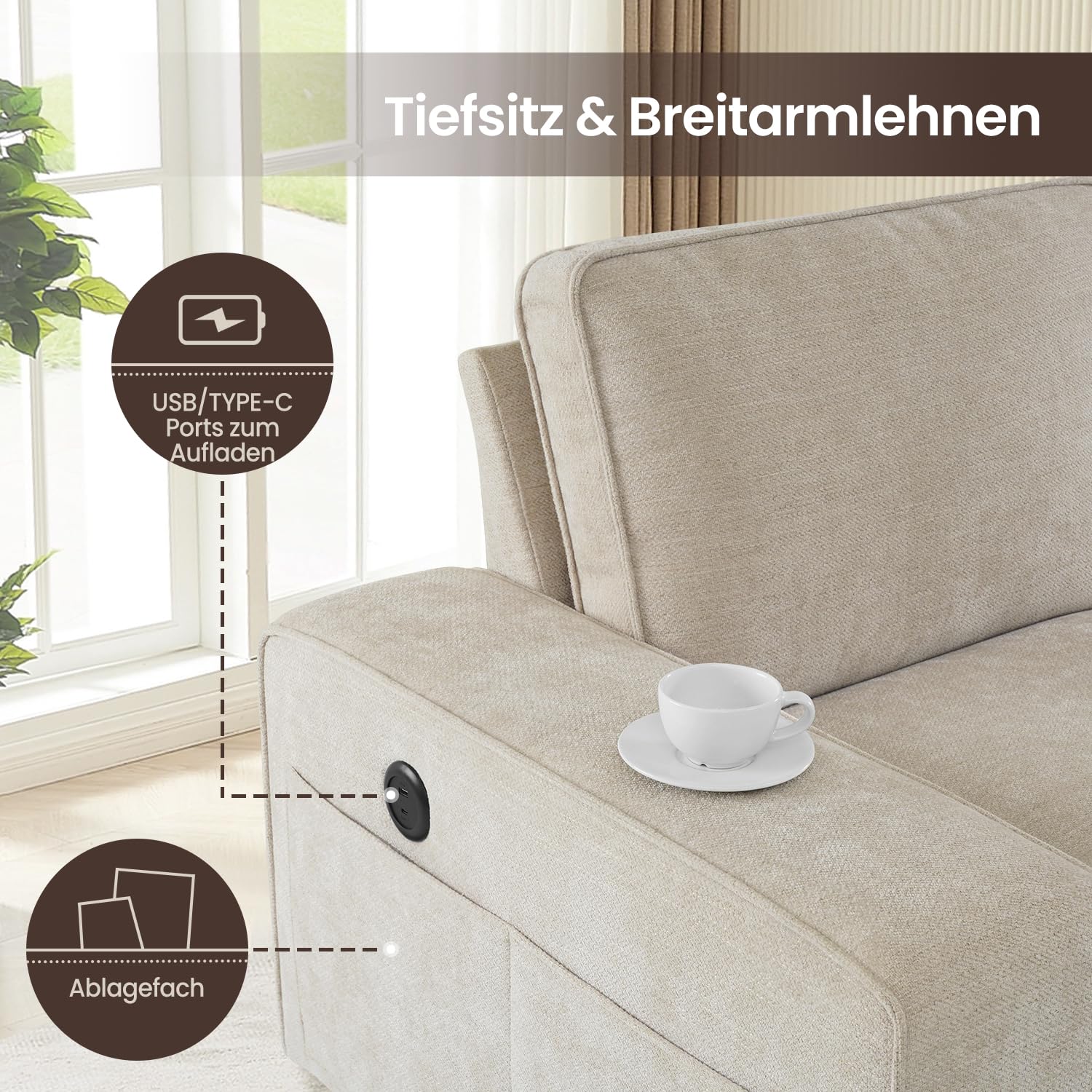 DUANDUAN Canapé sectionnel convertible 250 cm rangement chaise design moderne L tissu chenille confortable housses amovibles USB type C salon