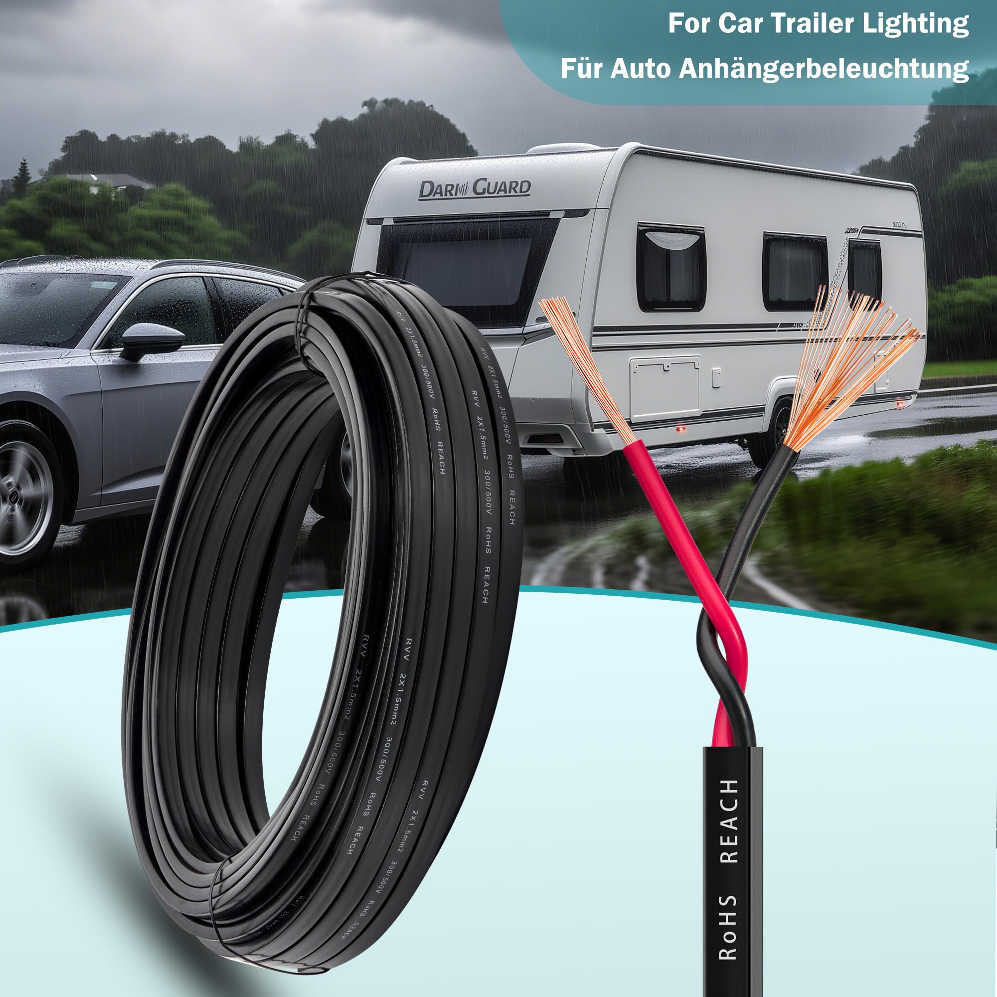 Cable de Remolque 2 Núcleos 1.5mm², 20M Cable Plano Eléctrico de Cobre 2 Polos 12V/24V, Alargador Flexible para Luces Led Remolque Caravana Camión, RoHS & REACH