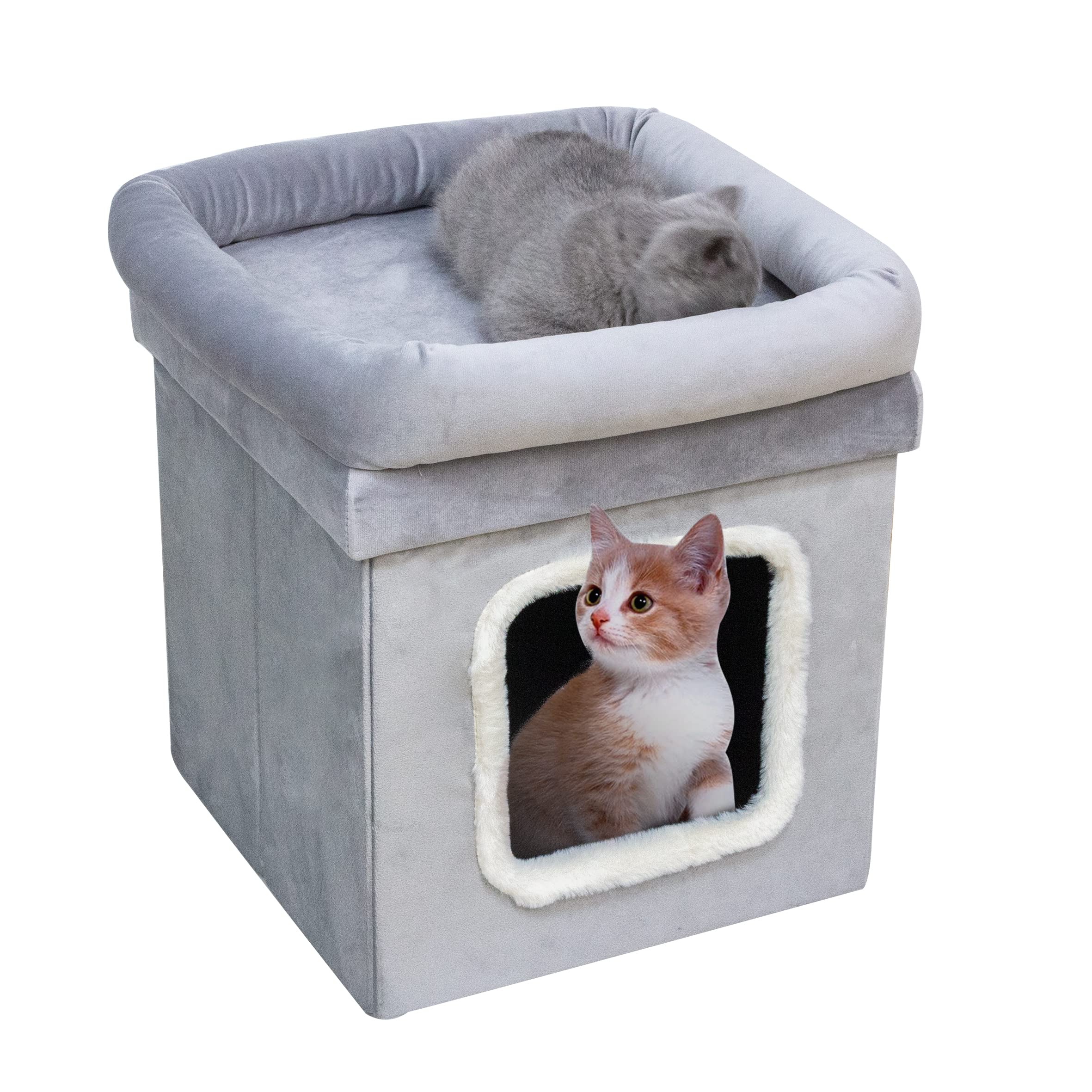 HomeHarmony® Cat Pet House Foldable Easy To Assemble Velvet Pet Kennel Bed Cosy Soft Warm Comfortable With Lid Size 38cm x 38cm x 40cm (Silver)