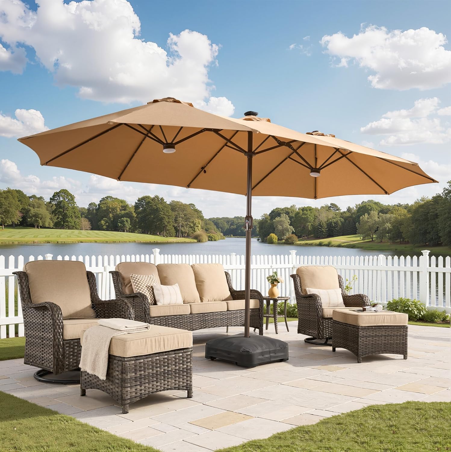 15FT LED Patio Umbrella with 2 Built-in Lights & Weighted Base, Dual-Sided Outdoor Cantilever Umbrella for Nighttime Use, Poolside Garden Deck Lighting - Dark Gray