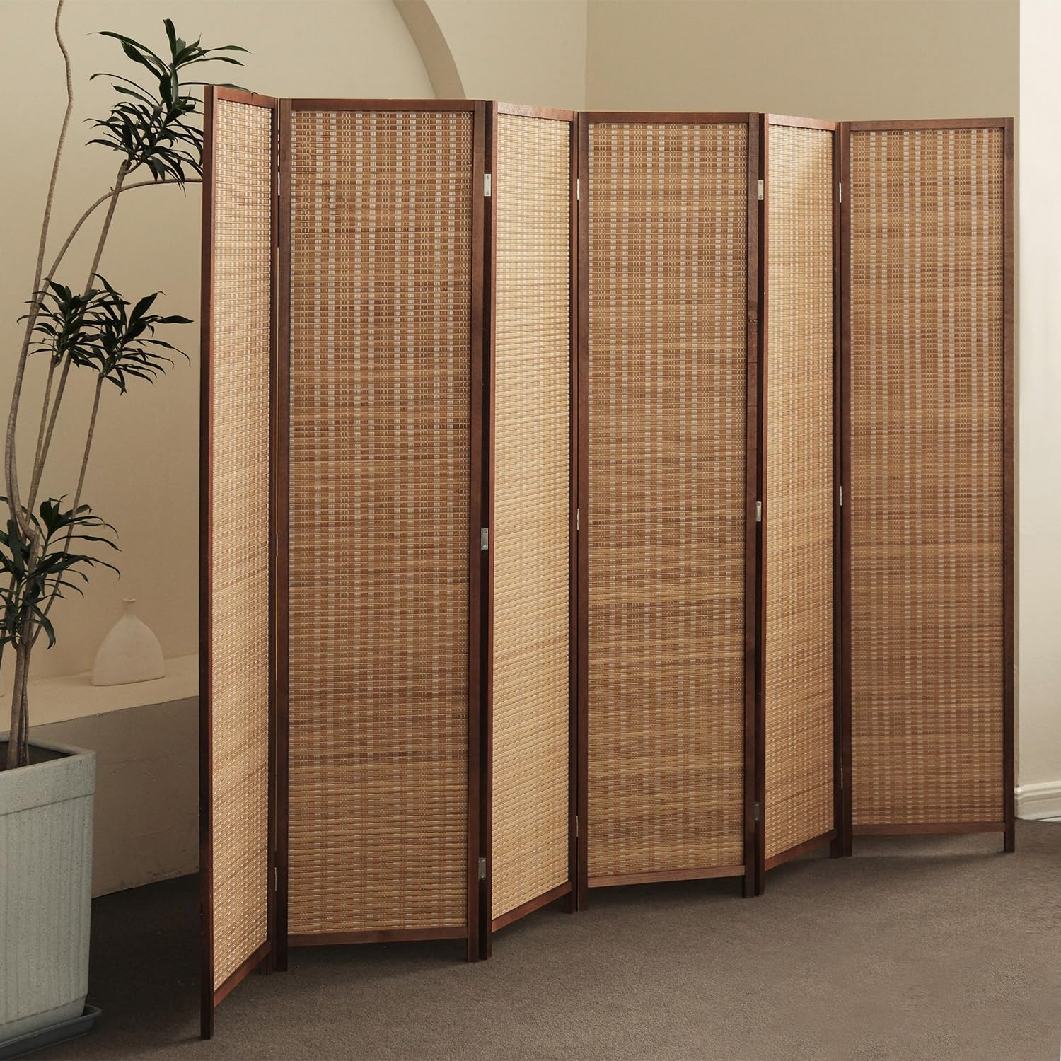 6 Panel Room Divider and Folding Screen Room Divider,Bamboo Room Divider for Room Separation,67" H x 92.1" W Brown 6 Panel