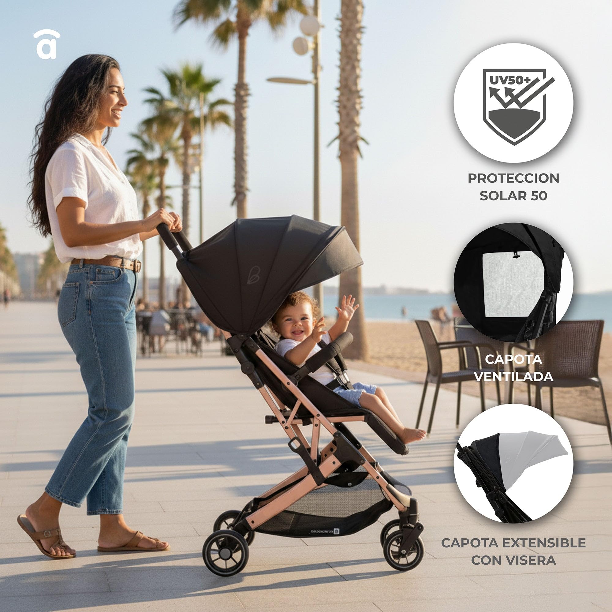 Silla de Paseo AMSTERDAM - Ultraligera, Reclinable y Compacta, Asa Trolley, Plegado con Una Mano, Capota Extensible, desde 6 Meses hasta 23 kg - Dorado Asalvo