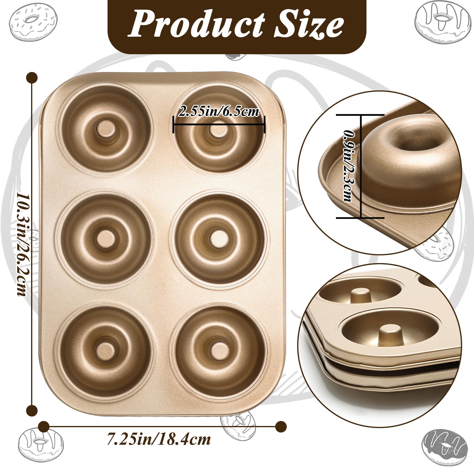 2 moldes para donas de acero al carbono con 6 cavidades para hornear donas, antiadherente, fácil de limpiar y apto para lavavajillas, molde de donas para pasteles, postres y bagel (dorado