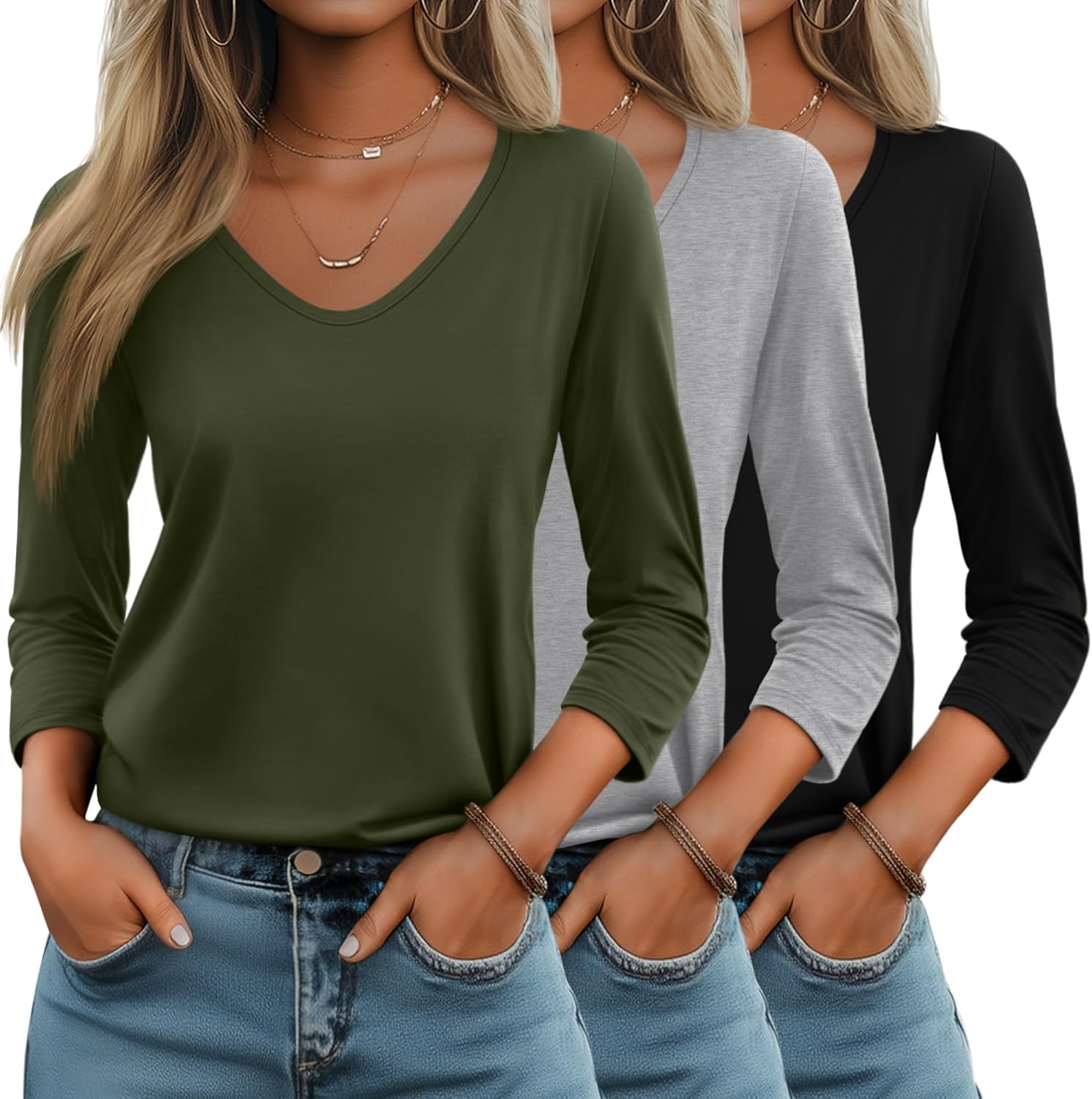 Huukeay 3 Pack Women's 3/4 Sleeve T-Shirts, V Neck Casual Tops Loose Fit Tunic Basic Tees 3/4 Length Sleeve Soft Blouses