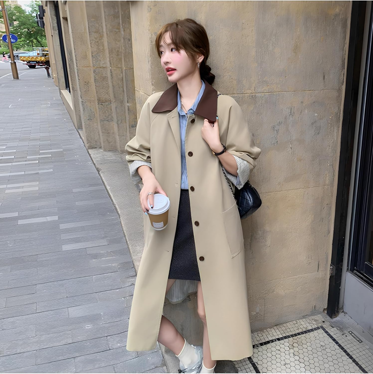 HSQIBAOER Women's Overcoats Long Trench Coat Khaki Fall Korean Style Casual Jacket for Women