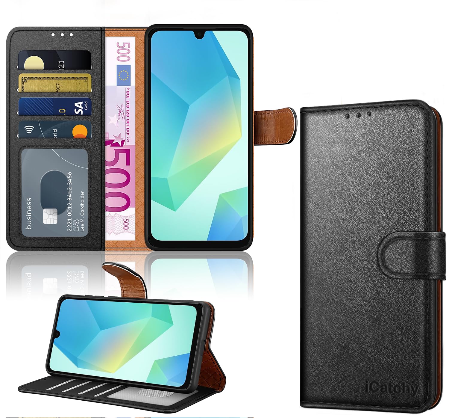 iCatchy for Samsung A16 Case – Leather Wallet Cover, Book Flip Folio with Kickstand, Magnetic Closure, RFID Blocking, Shockproof Protection for Galaxy A16 5G / A16 (Black)