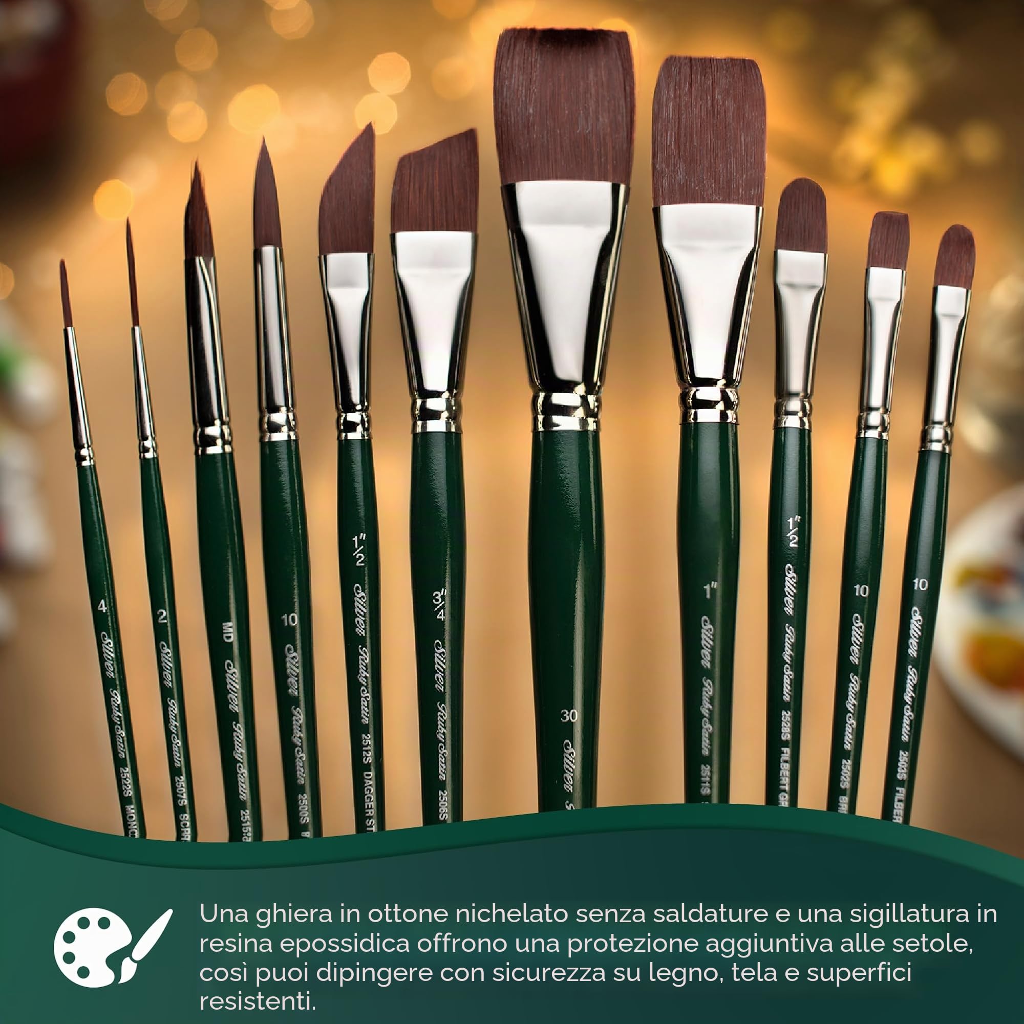 Silver Brush Limited RSS-2560S - Set assortito Ruby Satin - 6 pezzi - Tondo misura 4, piatto a chiudere misura 10, Filbert 1/2", piatto angolato 5/8", con punta triangolare medium e rigger 2/0