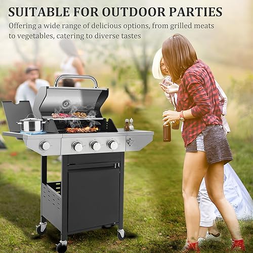 Miniatura 6 de Unovivy Parrilla de barbacoa de gas propano de 3 quemadores con quemador lateral y rejillas de hierro fundido esmaltado de porcelana con termómetro