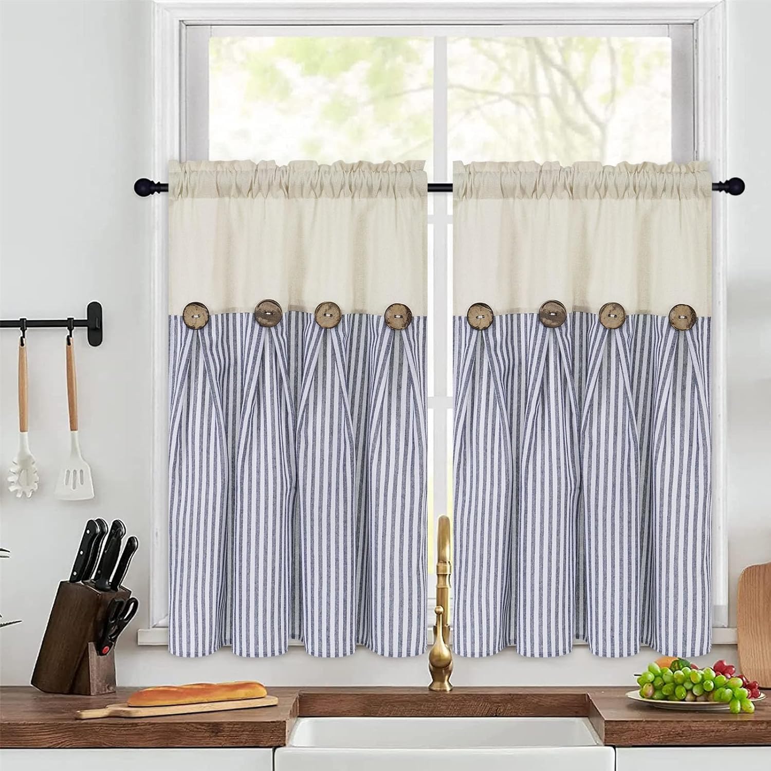 BLEUM CADE Cotton Linen Farmhouse Kitchen Curtains 36 Inch