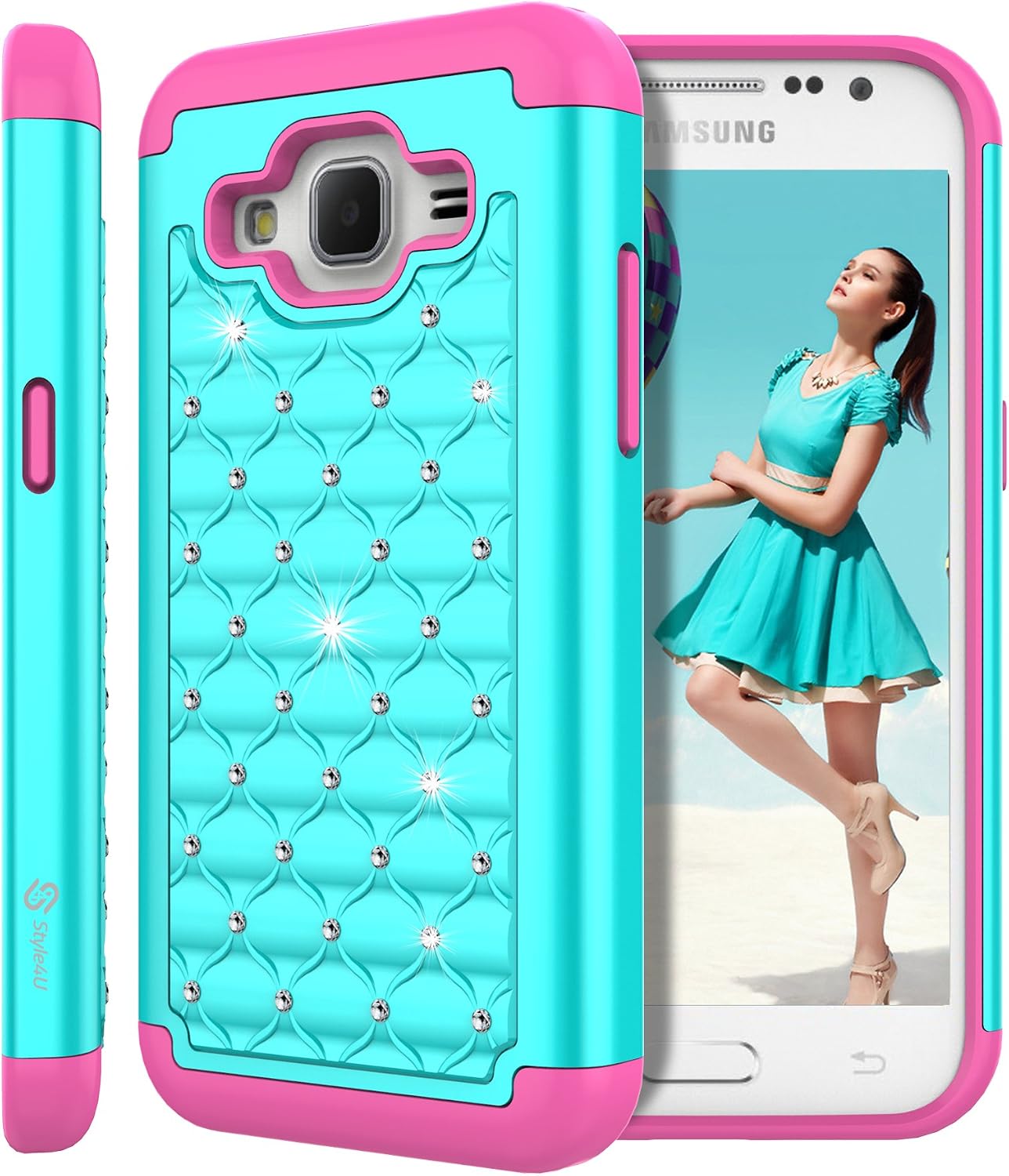 Style4U Galaxy Core Prime Case, Studded Rhinestone Crystal Bling Hybrid Armor Case Cover for Samsung Galaxy Core Prime G360 with 1 Stylus [Teal/Hot Pink]