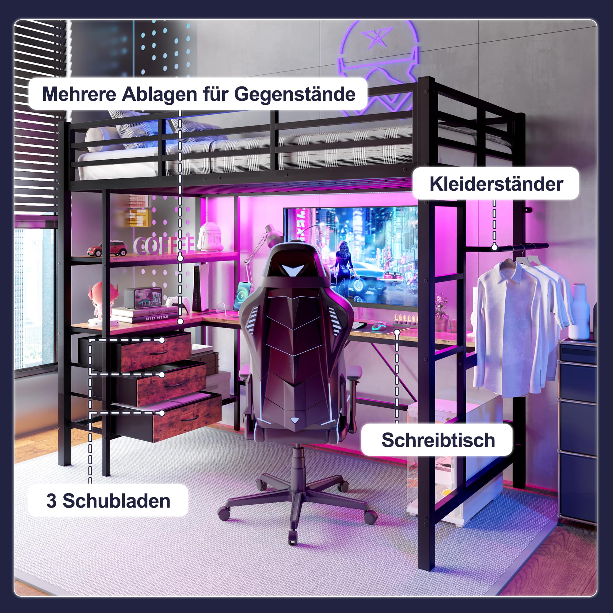 Sapgaks Lit Mezzanine Enfant 90x200cm avec éclairage LED et Bureau et Prise + USB,lit Mezzanine 1 Place avec 3 tiroirs,lit superposé Adulte étagères,Rampe,escalier,sans Matelas (Black 90 * 200cm)