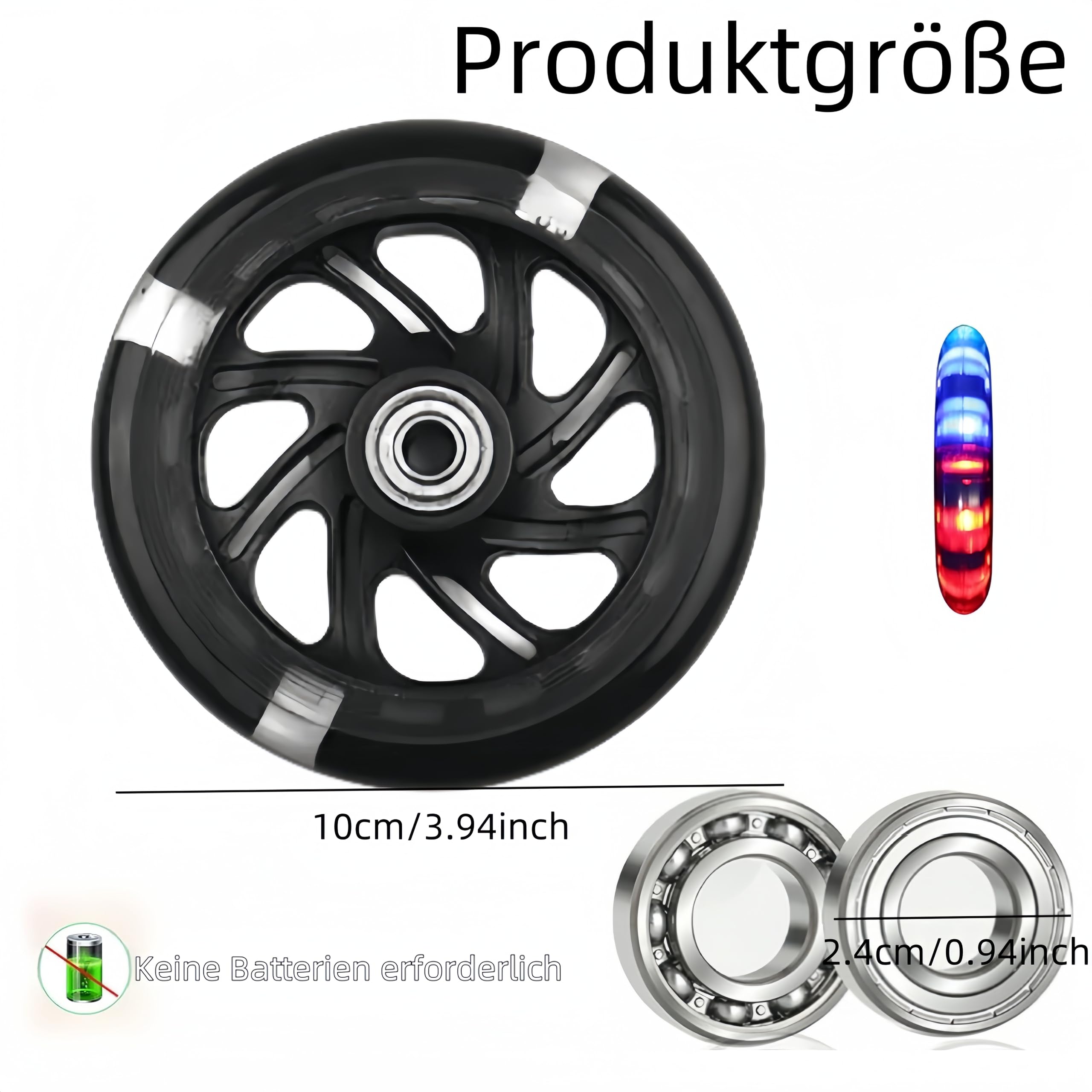 Ruote per scooter, 2 pezzi, luminoso, per tutti i monopattini, colore nero, con ruote da 100 mm