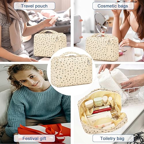 Miniatura 8 de Bluboon Bolsa de maquillaje con cremallera, bolsa de viaje portátil para cosméticos para mujeres y niñas, Florete amarillo de pana