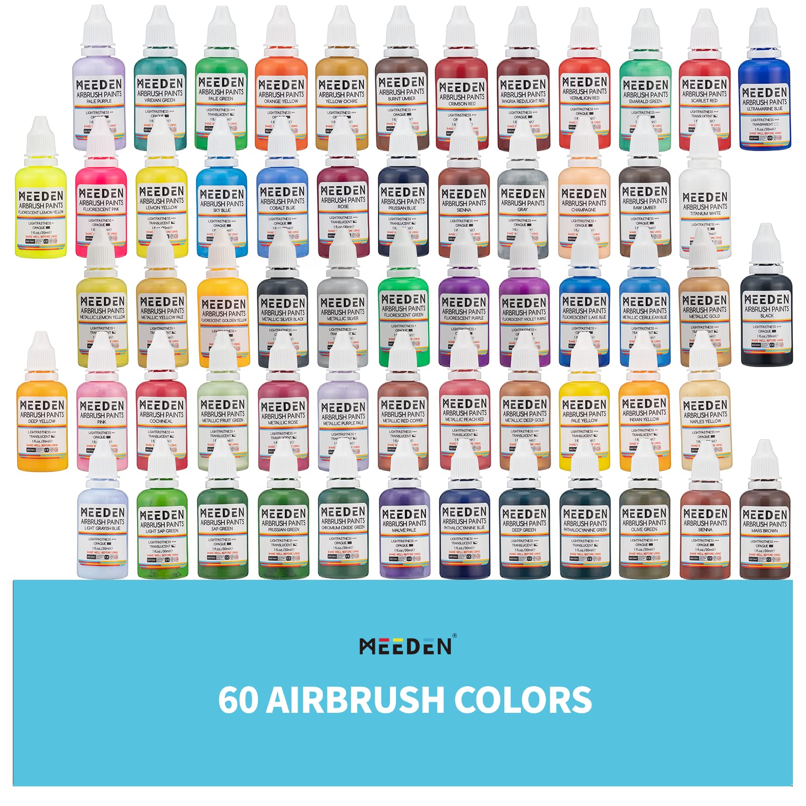 MEEDEN 57 Colors Airbrush Paint (30ml/1oz), Acrylic Airbrush Paint Set, Classic, Fluorescent and Metallic Colors, Ready to Spray, Water-Based, Non-Toxic for Artists, Hobbyist, Beginners - 30 ml (Pack of 60) $89.95
