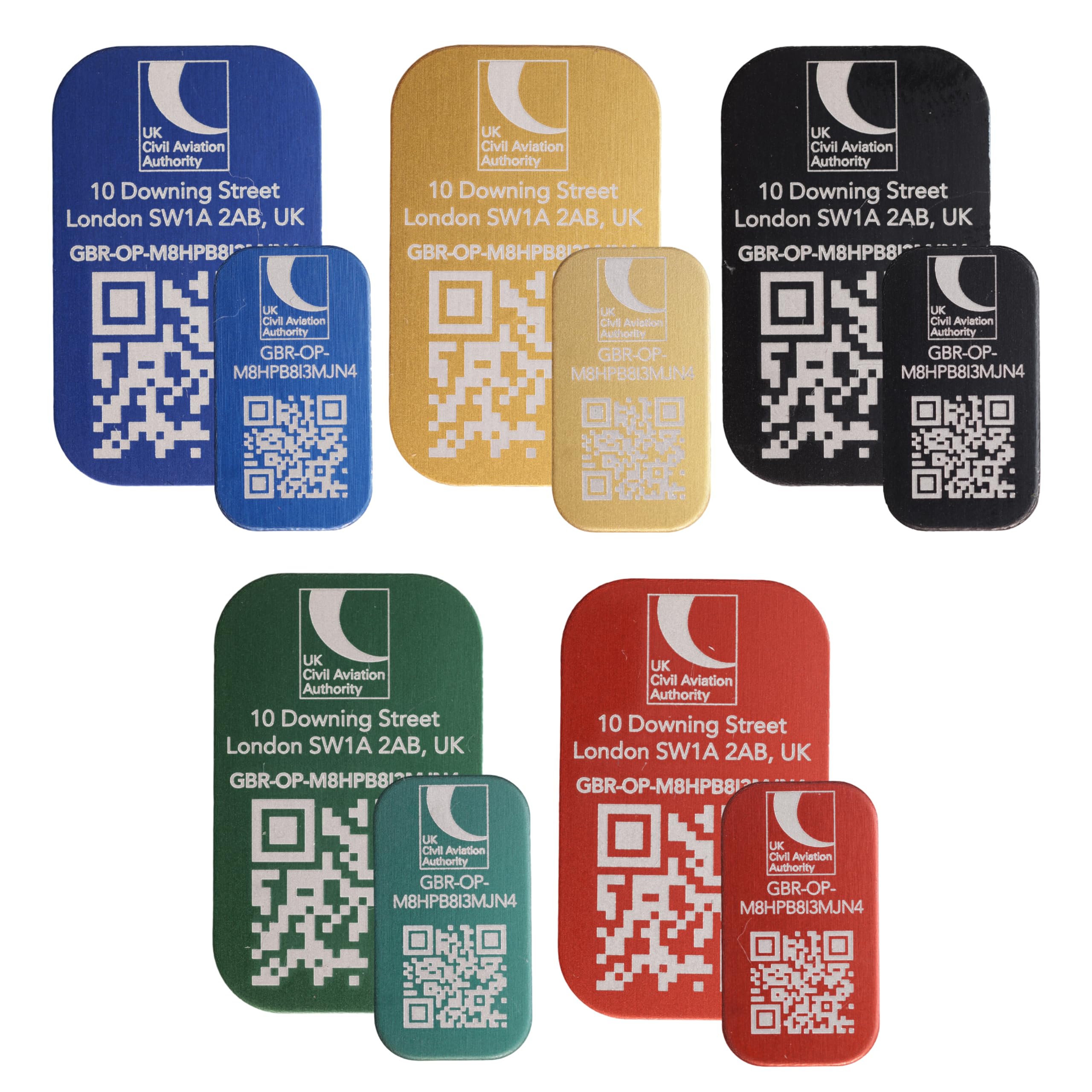 Roboterwerk - Drone registration plate, CAA registration, Flyer ID or drone ID registration number, 31x19mm QR-Code with 2 additional lines or 20x11 QR-Code, drone sign, different aluminium colors