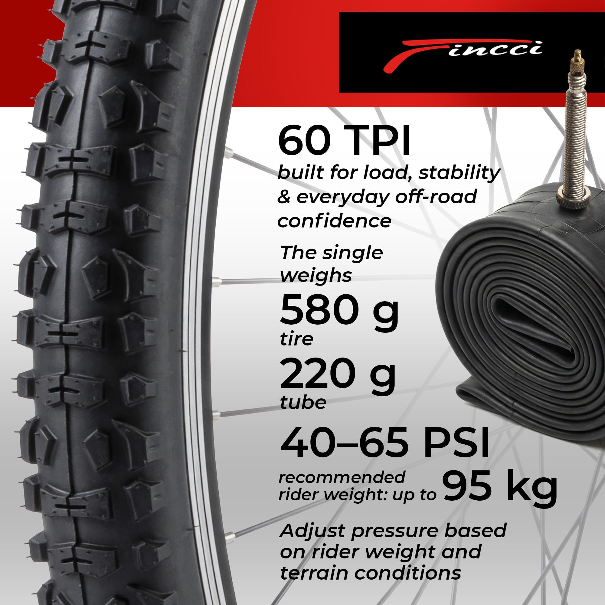 Fincci Pneu VTT 26 Pouces - Set Pliable Pneus pour Vélo 26 x 1.95 60 TPI avec Chambre à Air de Valve Presta 48mm - pour VTT Montagne, Velo Electrique, Hybrid Vélo, Sport Bicyclette - 50-559