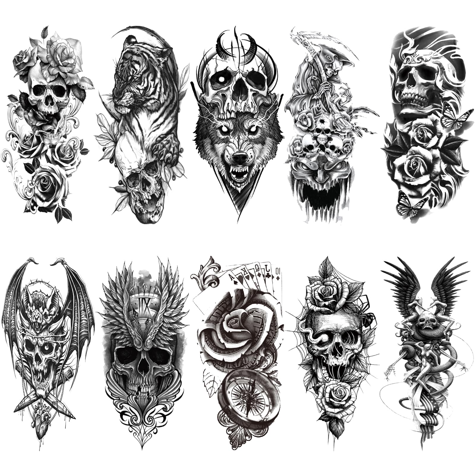 Amazon.com : Skull Temporary Tattoos for Men Half Arm Sleeve