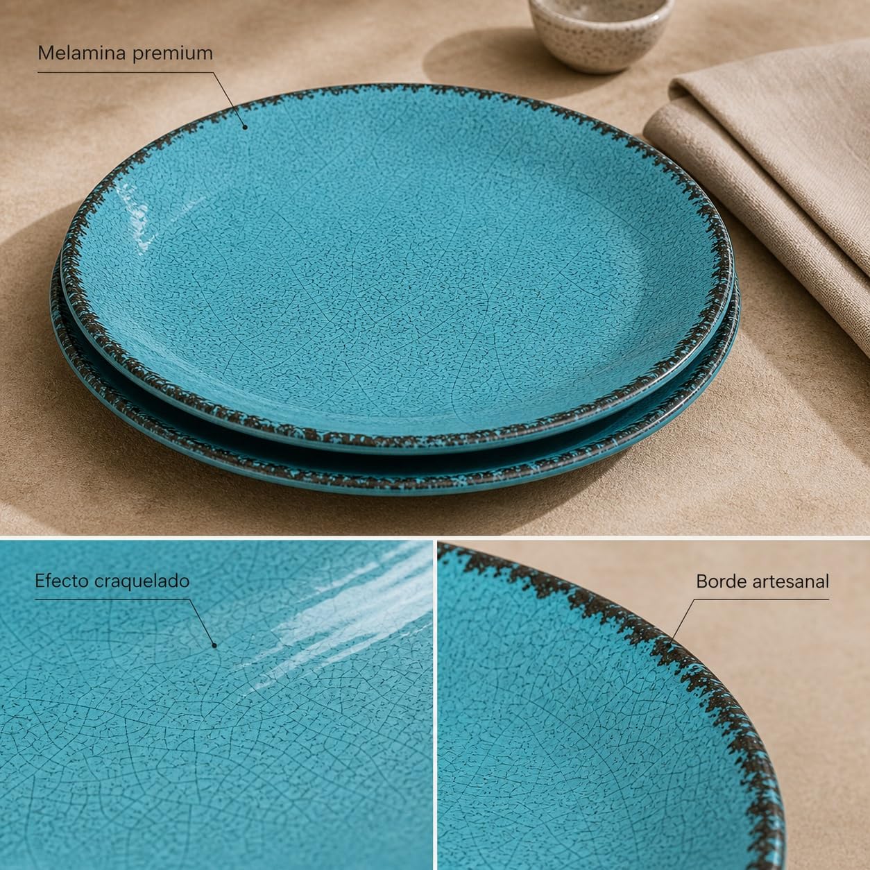 Pack 2 Platos Llanos Melamina 25,5 cm Azul Turquesa | Efecto Cerámica Artesanal Craquelado | Vajilla Ceracor Resistente a Roturas, Apta Lavavajillas