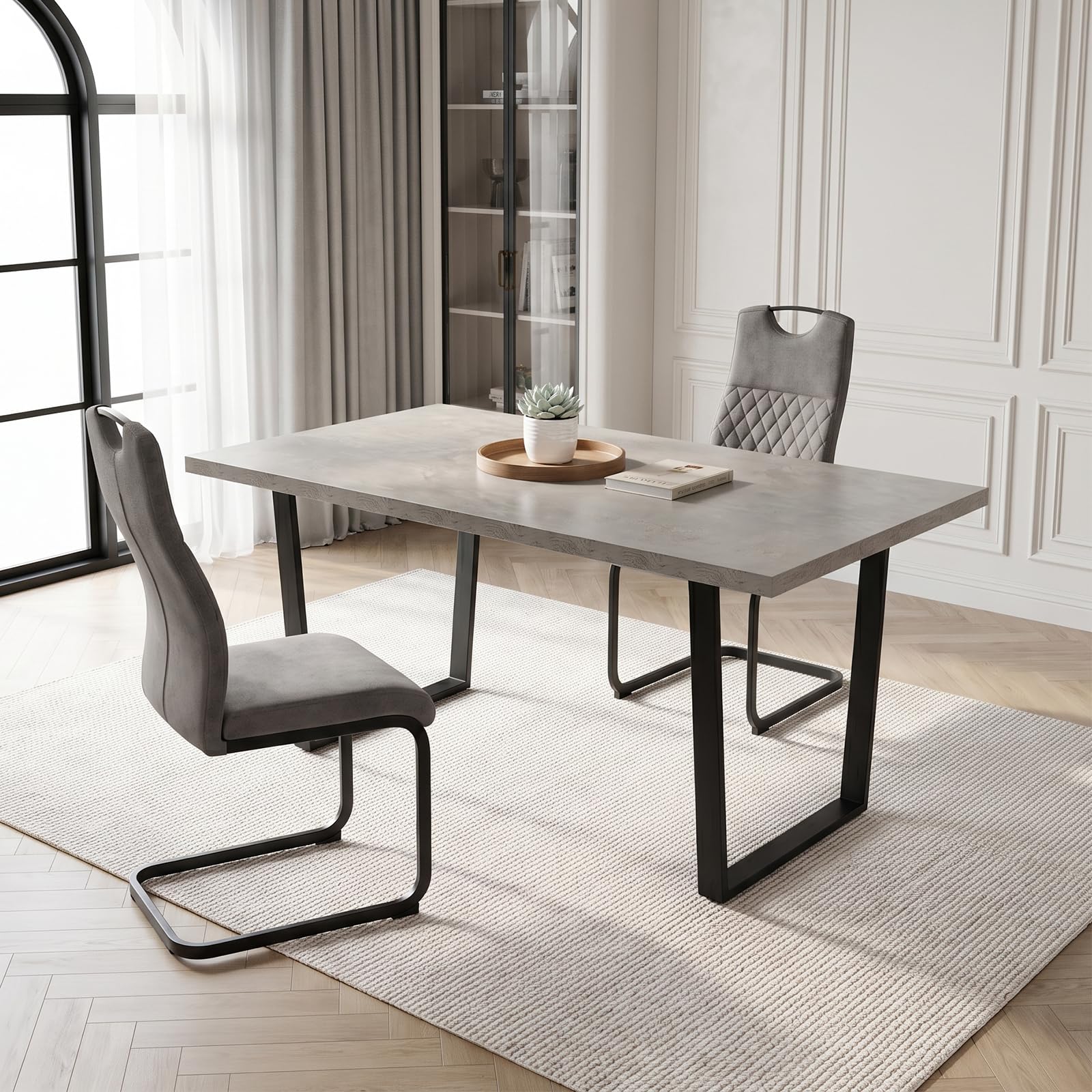 JIEXI Stół do jadalni i krzesła, zestaw 2 szt., MDF 110 cm, z 2 szarymi krzesłami na wsporniku z metalowymi nogami, nowoczesny, oszczędzający miejsce stół kuchenny do jadalni, domu
