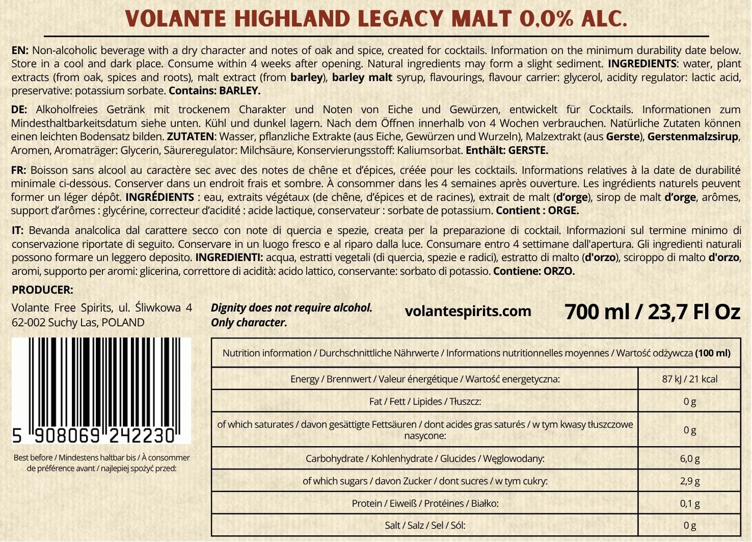 Volante Highland Legacy Malt 0,0% | Alternative sans alcool inspirée du whisky | profil fumé et malté | 700 ml
