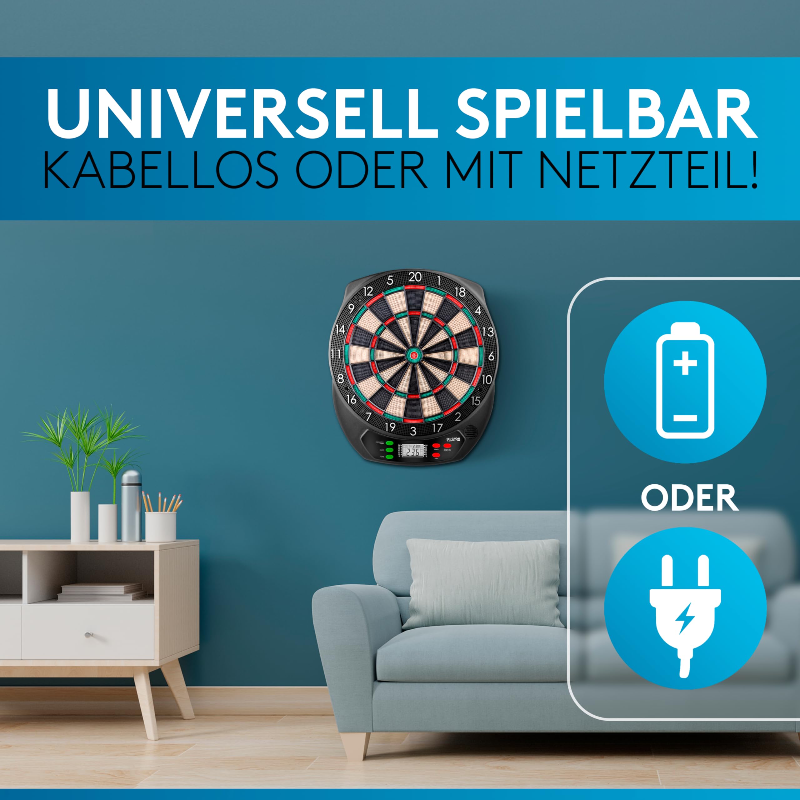 DartPro [DAS ORIGINAL] - Elektronische Dartscheibe Profi - Dartboard mit 6 Darts [kabellos nutzbar] - Innovativer Dartautomat mit 65 Varianten - Double IN & Double Out