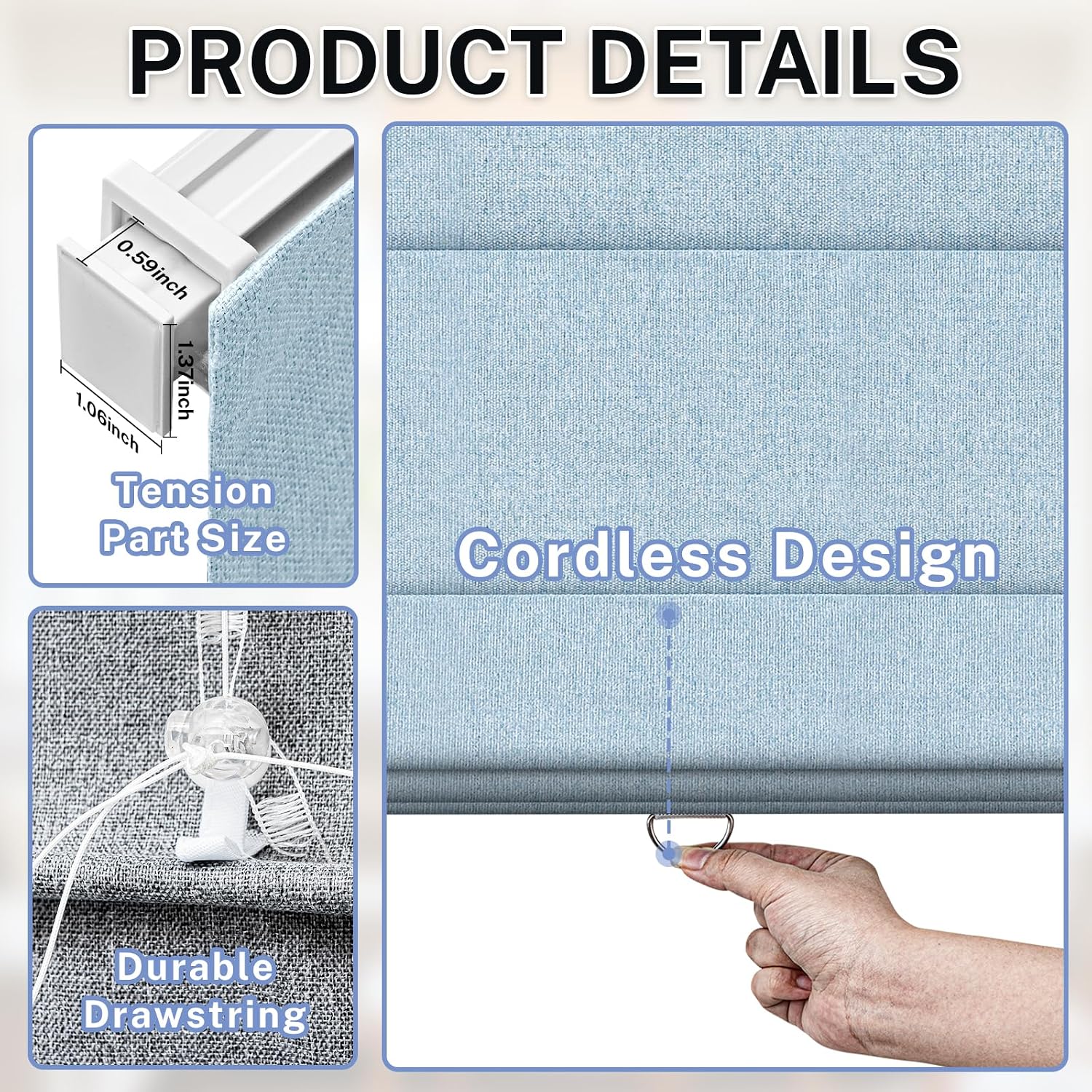UrMoon No Drill No Tools Roman Shades for Windows, Cordless Fabric Roman Windows Blinds for Home, Easy to Install, Blackout Blue, 45 3/4" W x 48" H