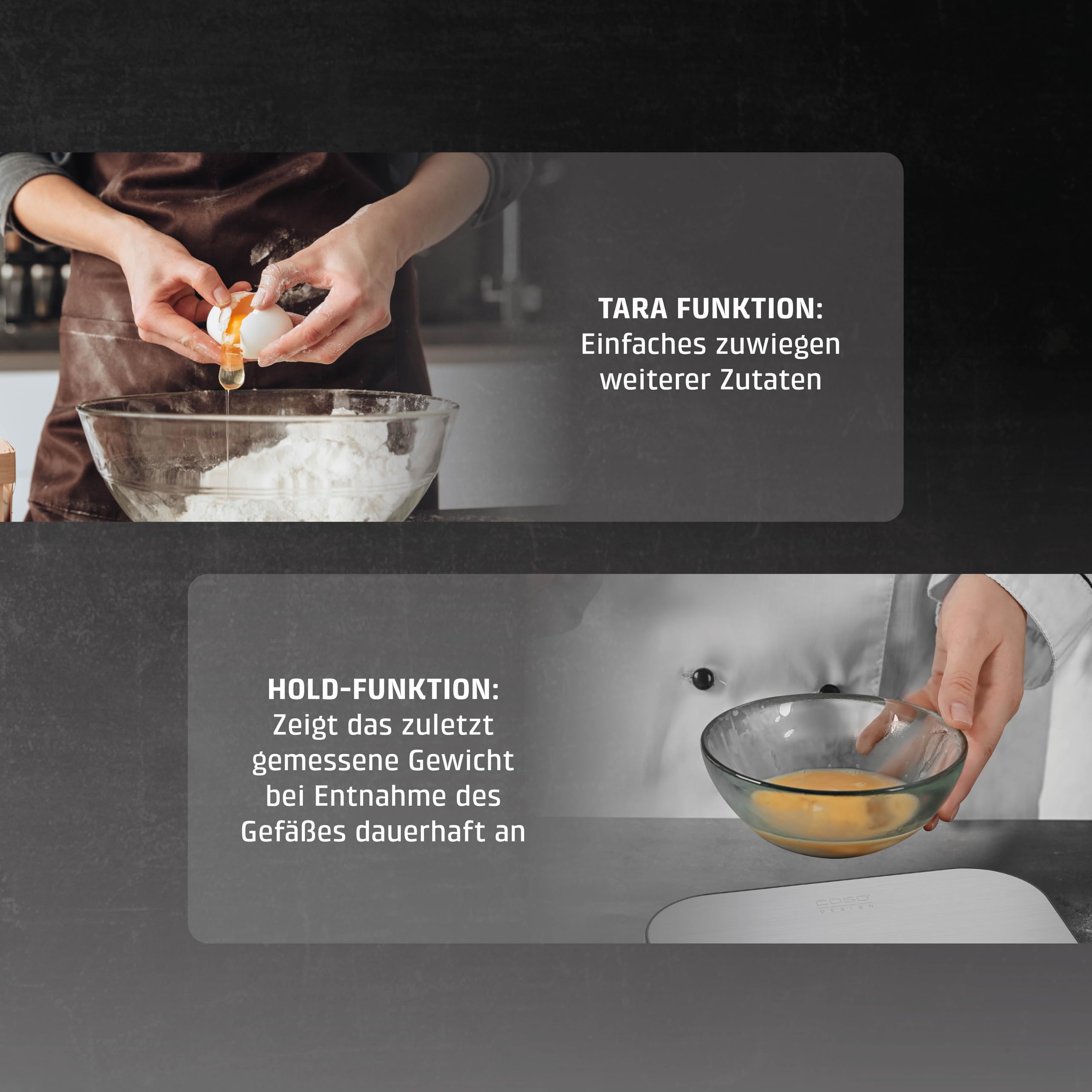 CASO KitchenDuo - 2 in 1 Küchenwaage inkl. Feinwaage, normale Wiegeskala 15kg in 1 g Schritten, Feinwaage bis 1 kg in 0,1 g Schritten, Hold Funktion, Gramm, Oz, ml, Edelstahl-Oberfläche