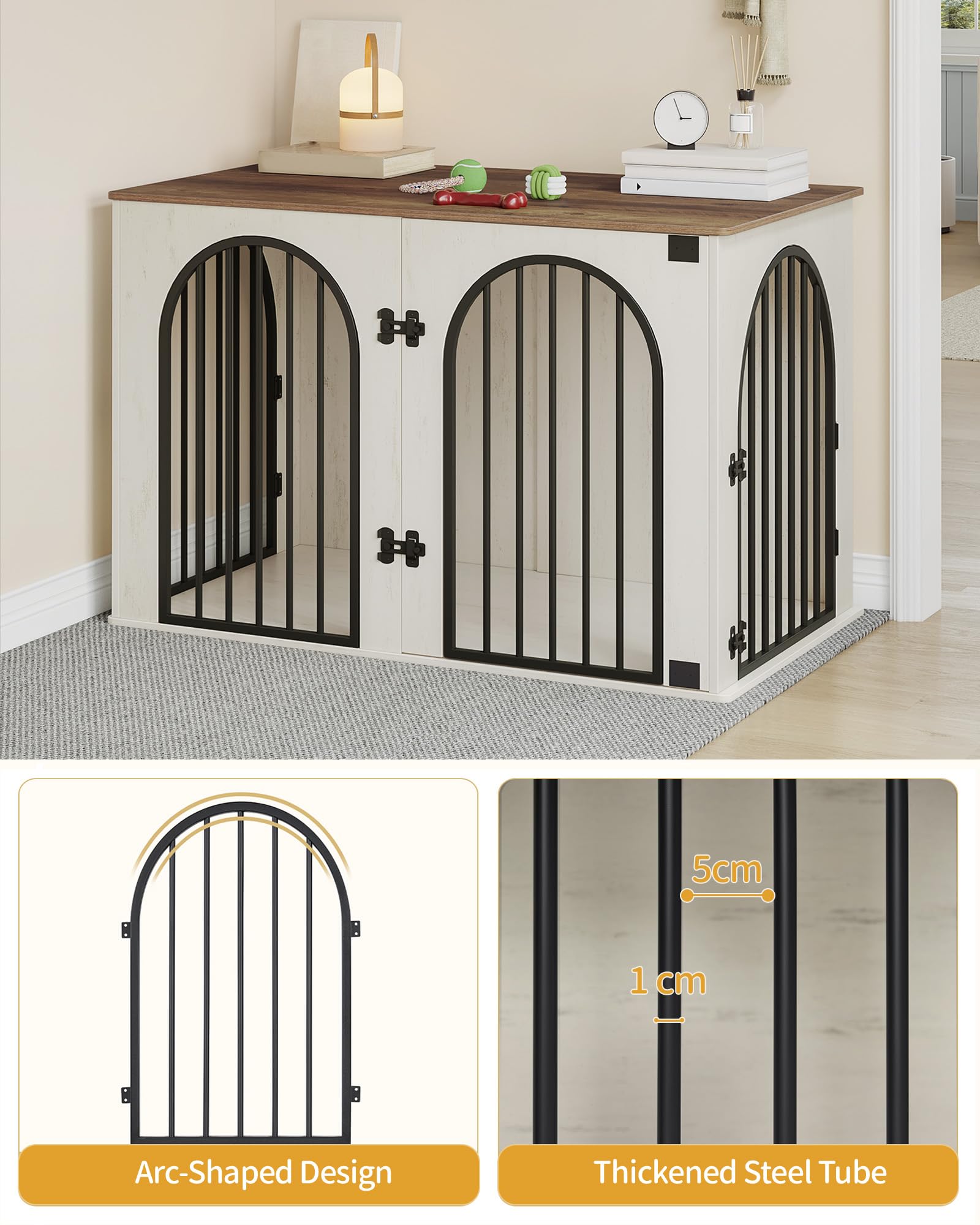 Hzuaneri Hundekäfig Möbel, 108 cm Hundebox für Zuhause, 3 Türen, Bogentür, Moderne Hundebox Indoor für Hunde, Beistelltisch, Hundekäfig Hochbelastbar, 108 x 64 x 76 cm, Weiß Braun DFC86014B