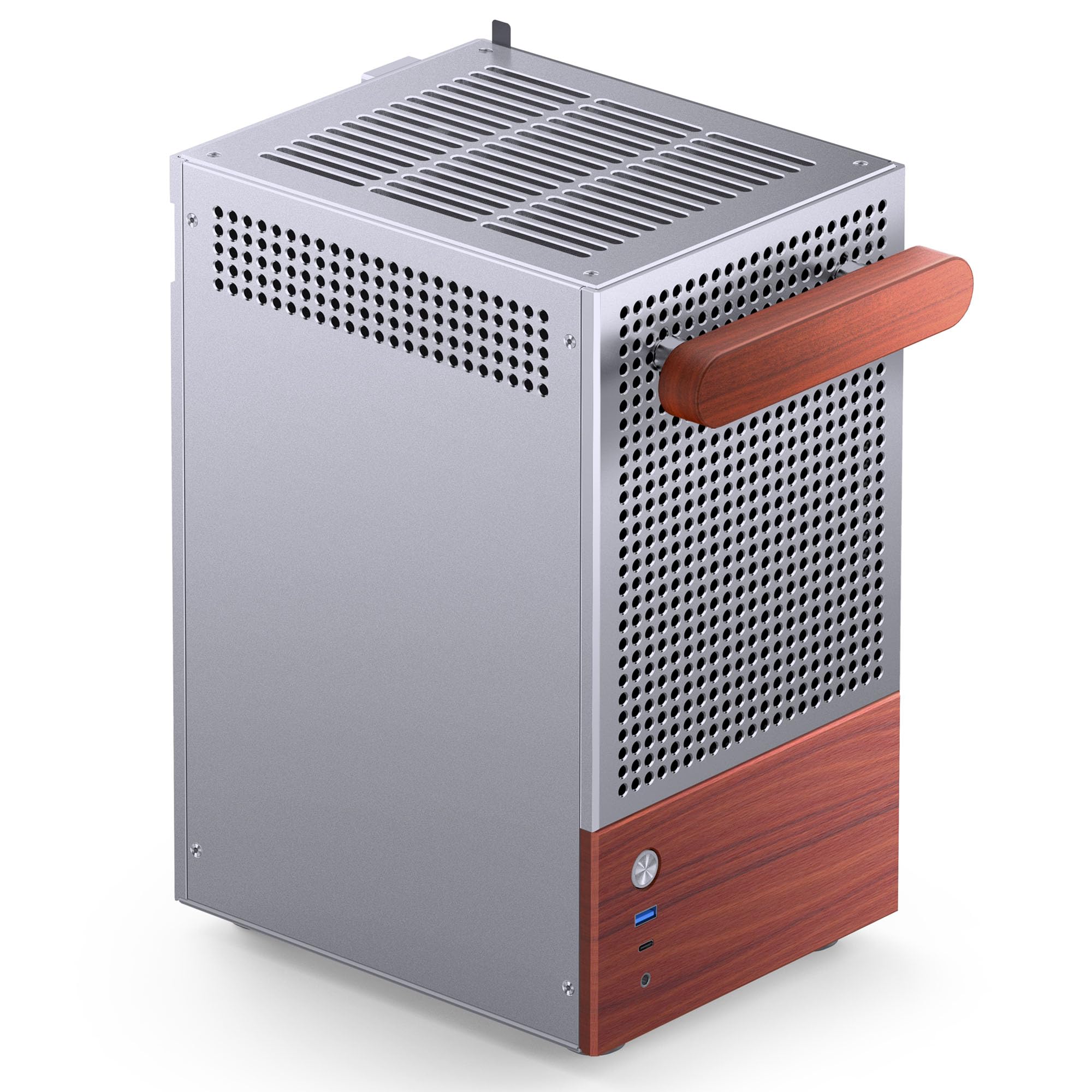 Jonsbo T6 Mini-ITX PC-Gehäuse – Silber, Tempered Glass & Holzgriff, Aluminium & Stahl, kompaktes Mini-Tower Case