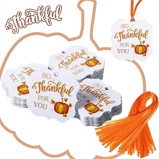 Crtiin 100 Pieces Thanksgiving Fall Pumpkin Gift Tags So Thankful for You Favor Tags Thanks Labels with 100 Pieces Ribbons for Happy Thanksgiving Day Halloween DIY Autumn Crafts & Holiday Letters