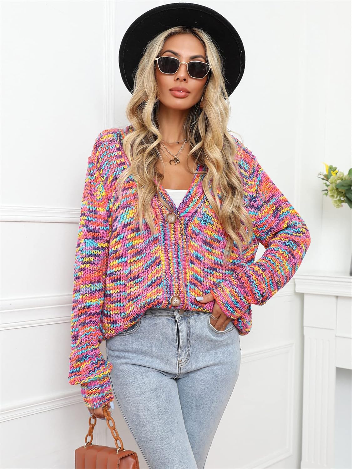 BAIMORE Women's Rainbow Knitted Cardigan Multicolor Striped Button Down Color Block Knit Sweater - Image 4
