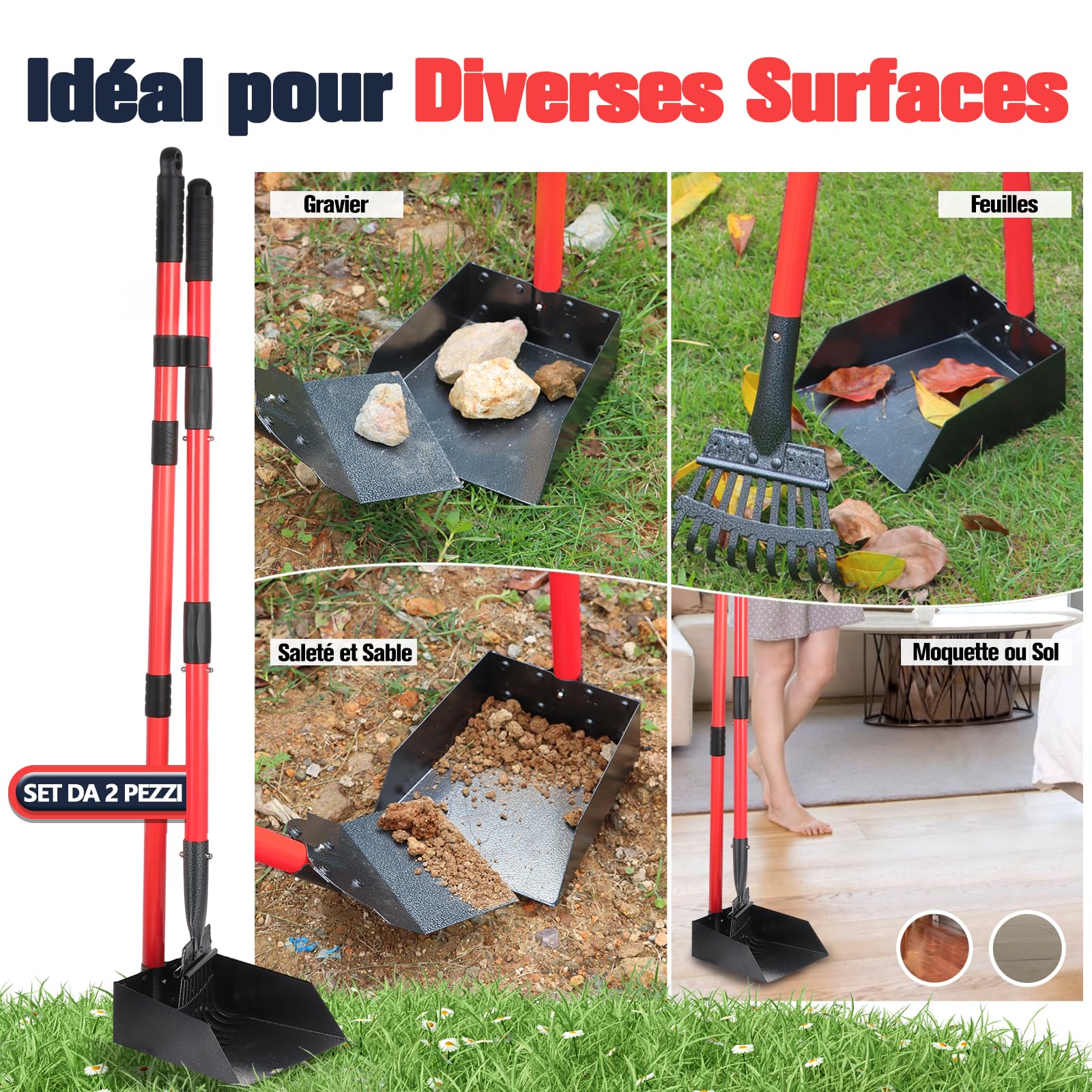 Ramasse-Crottes, RâTeau & Pelle pour Chien avec Long Manche MéTal Ajustable, Pelle Crotte Robuste avec Sacs à DéChets pour la Cour, Les Promenades, l'herbe et Les Feuilles de Jardin