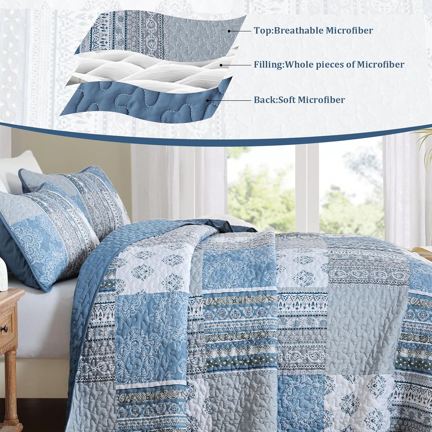 Dintszyayue Boho Quilt Set King Size Patchwork Bedspread Coverlets, Blue/Gray Bohemian Plaid Quilt Bedding Set Soft Microfiber Summer Bedding Bedspread Set, 110''x90''
