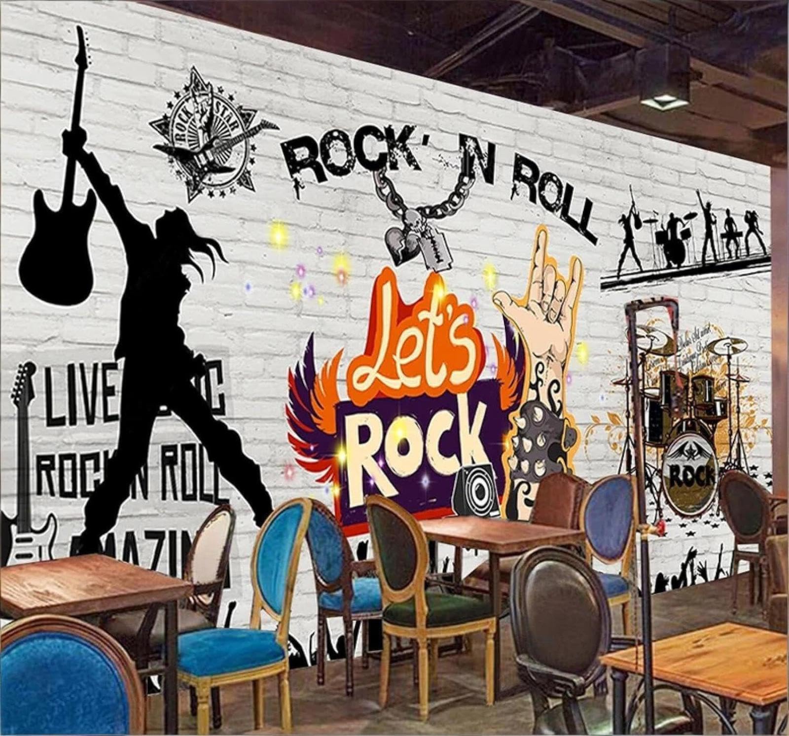 Xlming 150Cm×105Cm(B×H) Retro Brick Wall Graffiti Rock Music Poster 3D Wallpaper Premium Textured Silk Study Dining Living Room Bedroom Sofa Tv Wall Easy Install-150Cm×105Cm