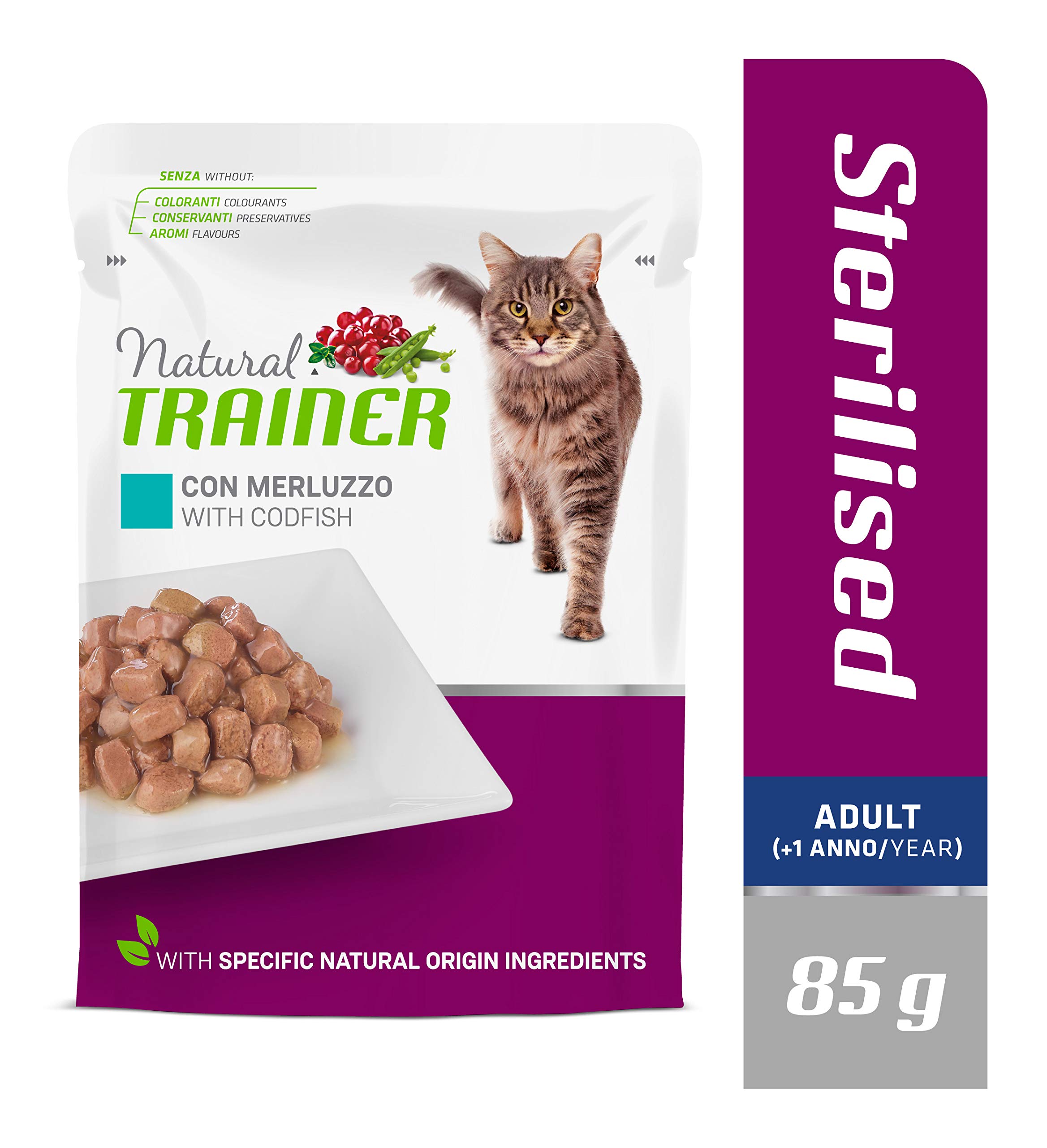 Natural Trainer Sterlisied Adult Cibo Umido per Gatti con Merluzzo e Fibra di Pisello 12 buste x 85 g - 1020 gr
