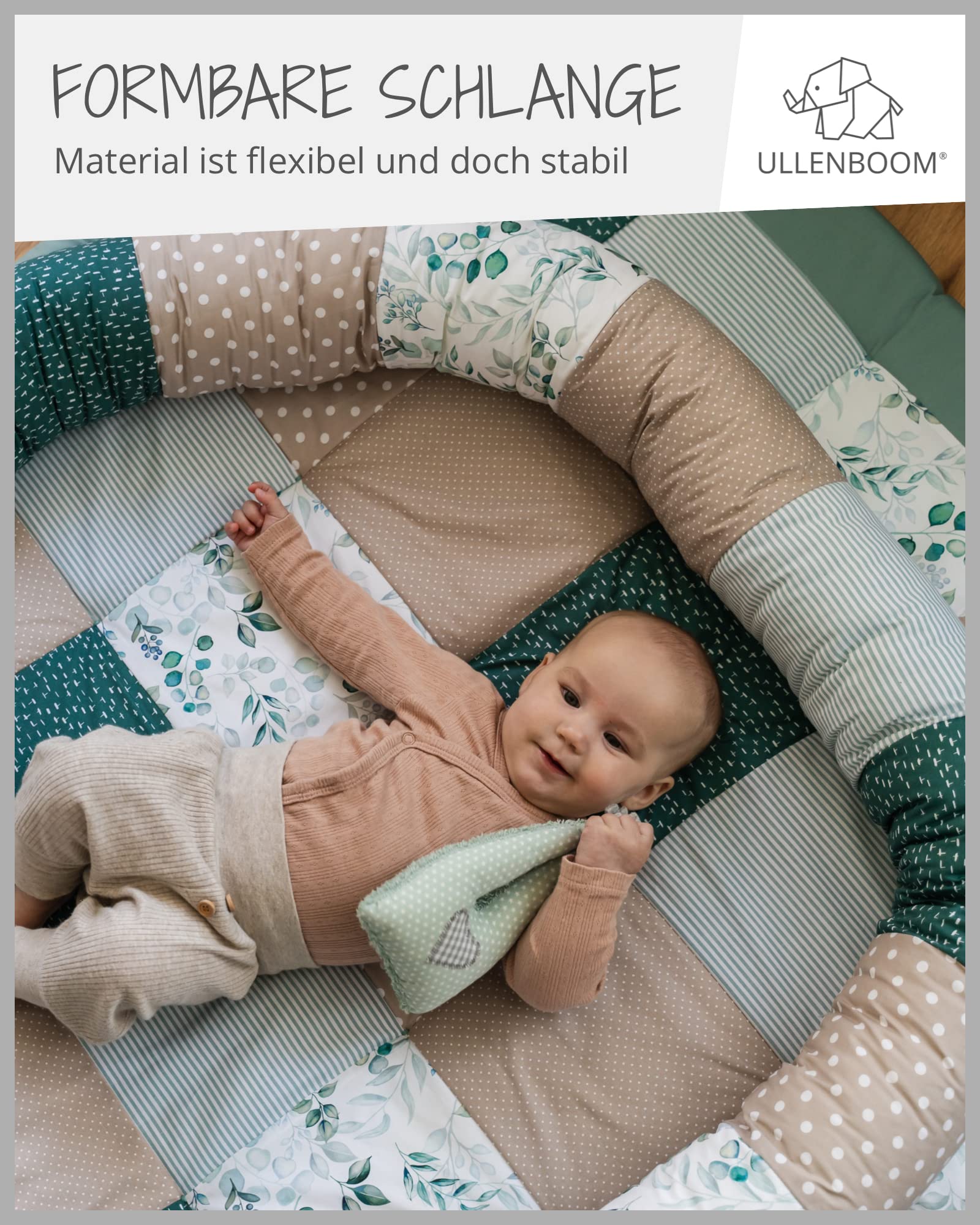 ULLENBOOM ® Baby Kuschelschlange 200x13 cm Sandblume (Made in EU) - Kuschelschnecke in vielen Farben und Größen, Bezug: 100% Oeko TEX Baumwolle, Kopfschutz für Wickeltisch