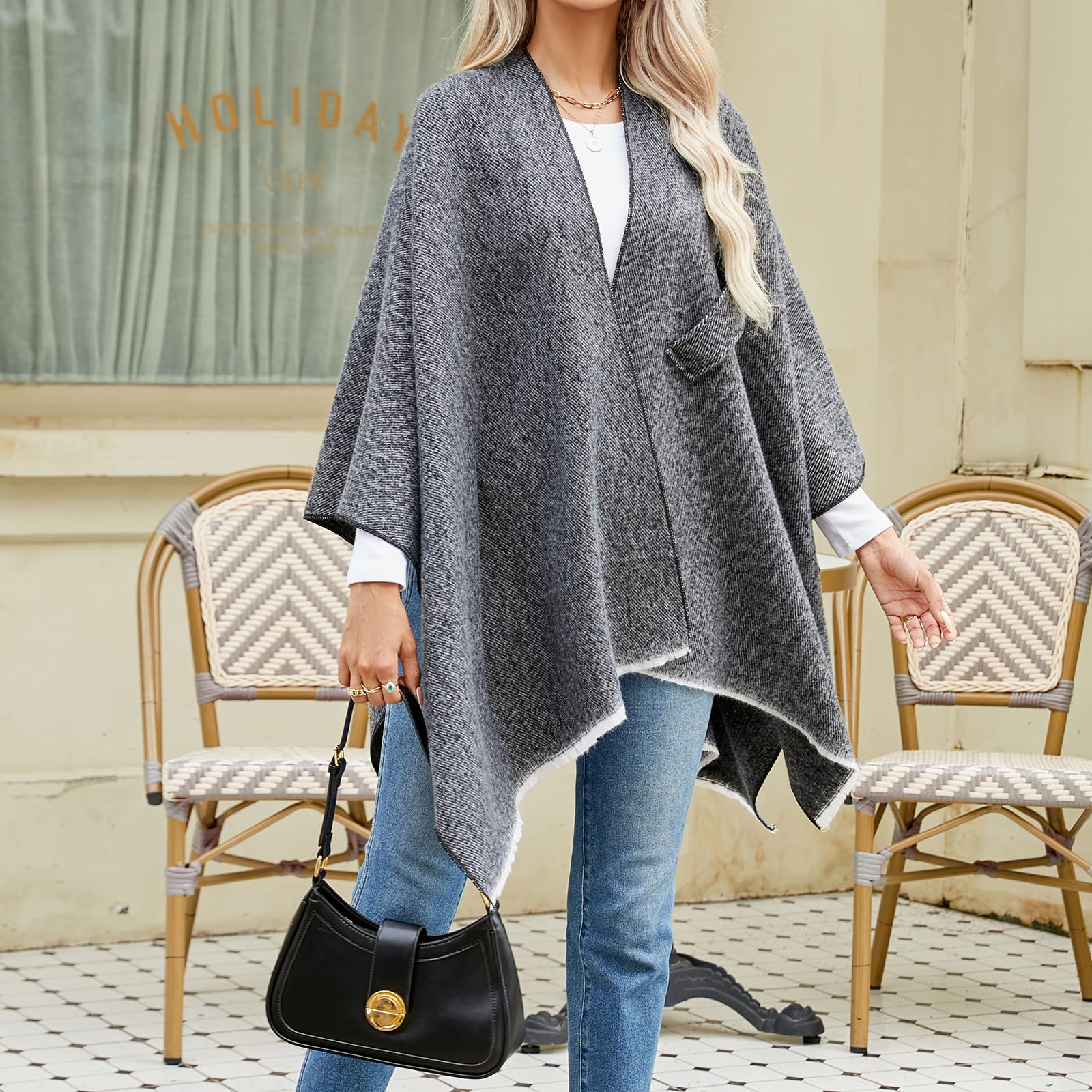 Scialle avvolgente poncho da donna caldo mantello cardigan aperto davanti elegante scialli per primavera autunno inverno