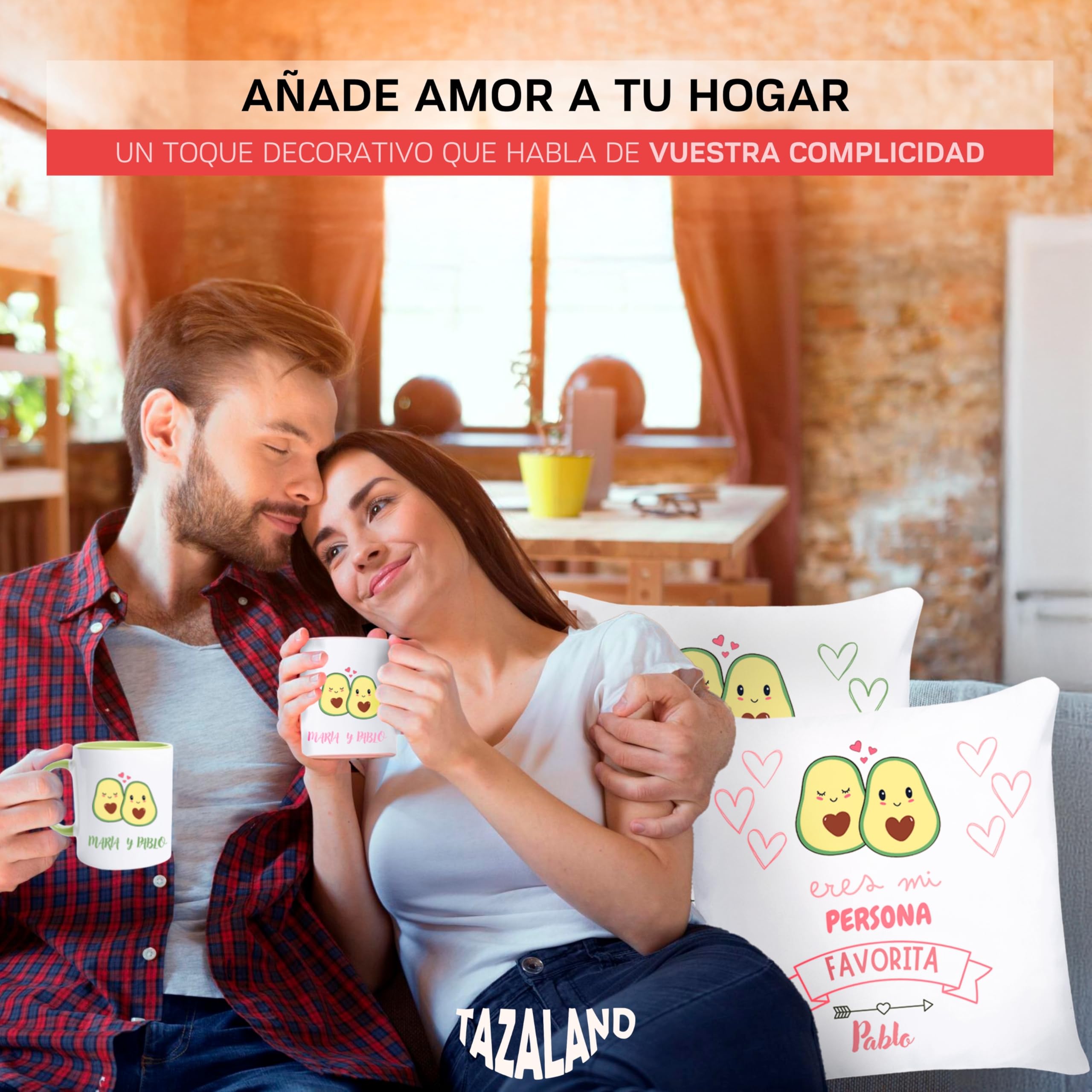 Regalo Personalizado San Valentín | Pack 2 Tazas y 2 Cojines - Aguacates | Regalos Originales Mujer Hombre | Regalos para Parejas, Novia, Novio | Detalles Románticos