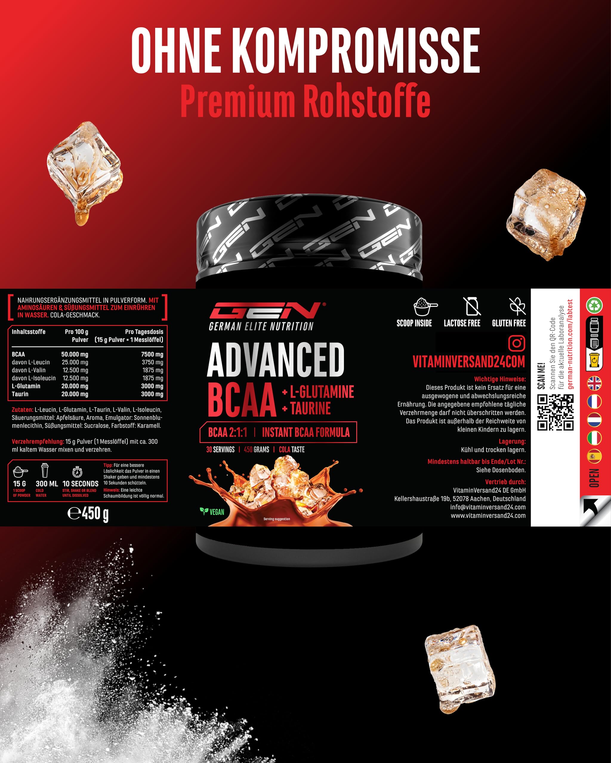 Advanced BCAA Pulver 450 g - 2:1:1 Aminosäuren mit L-Glutamin & Taurin - Instant BCAA, sehr gute Löslichkeit & Geschmack - Vegan - 30 Portionen (Cola) | mit Taurin & Glutamin, Cola, 13.500 mg Aminosäuren pro Portion, Instant löslich, vegan, 30 Portionen