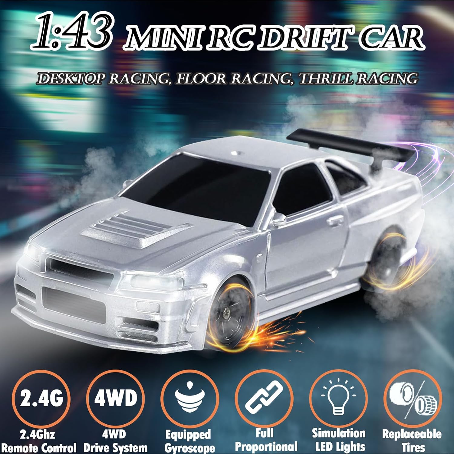 1/43 Mini RC Drift Car with Gyroscope, 2.4GHz 4WD Full Proportional High Speed Micro Hobby RC Cars with Lights Racing Tires, Fast Small Remote Control Car, Toy Model Gift for Adults Kids Boys Girls