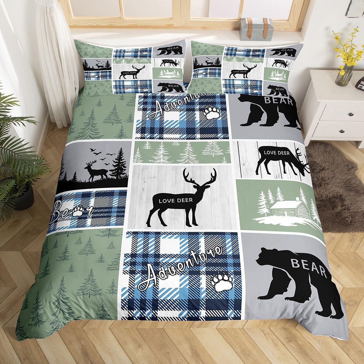 Rustic Cabin Comforter Cover, Hunting Bear Deer Duvet Cover Twin, Forest Animal Wildlife Bedding Set Cabin Decorations for Home, Country Farmhouse Plaid Grid Claw Quilt Cover with 1 Pillow Case