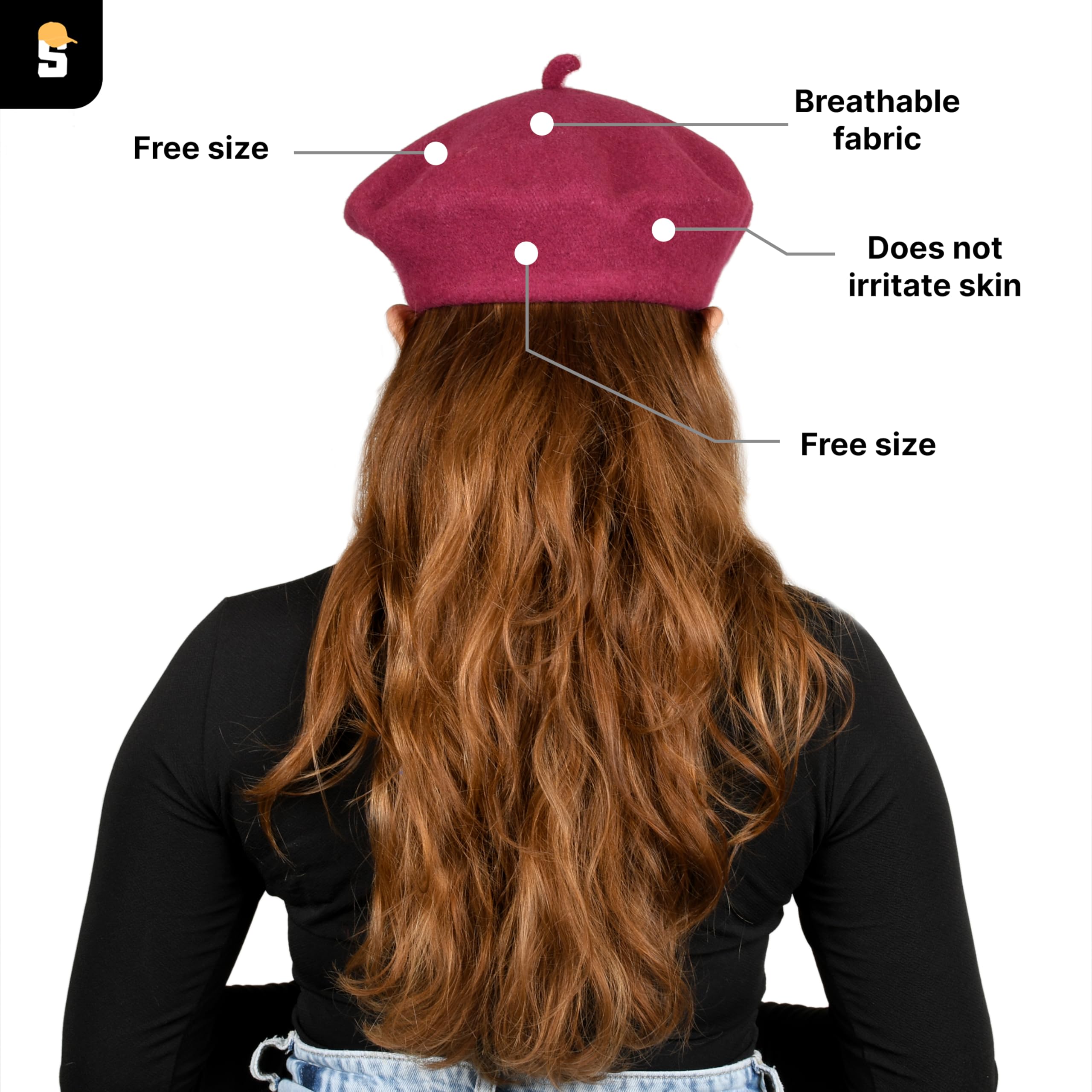 SOUL eTHICS Women's Premium Wool Blend French Artist Beret Cap - Stylish, Warm & Classic - Elegant Winter Beanie Hat for Girls & Ladies -Free Size (in, Alpha, Free Size, Dark Pink, Star) - Image 4 thumbnail
