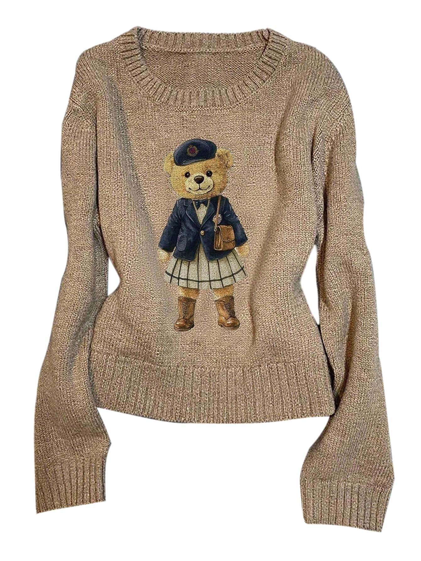 Womens Teddy Bear Sweater Cute Graphic Lightweight Sweater Crew Neck Long Sleeve Pullover Knit Tops