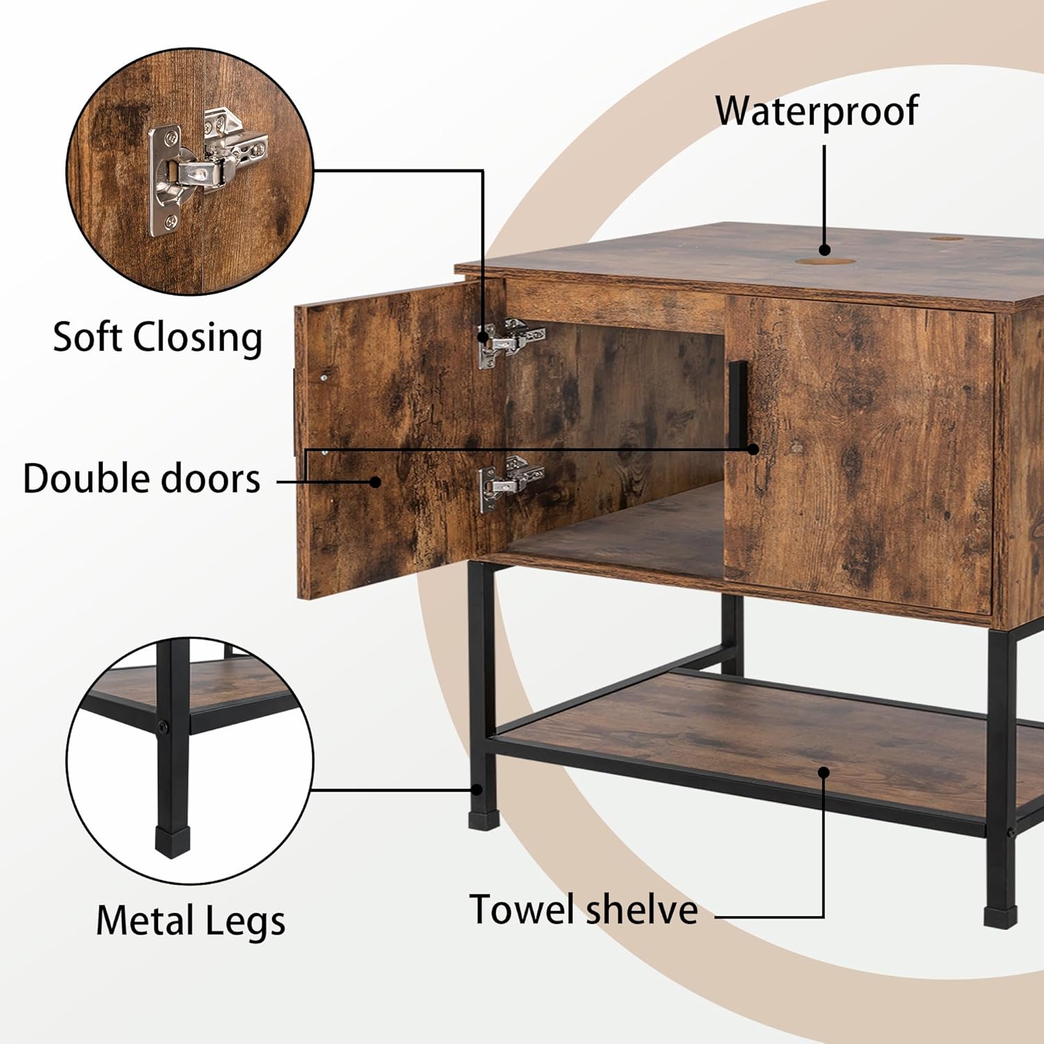 UEV Rustic Brown 36" Bathroom Vanity with Sink,Industrial Iron Frame Bathroom Cabinet Set with Doors & Shelf(Without Sink Combo)
