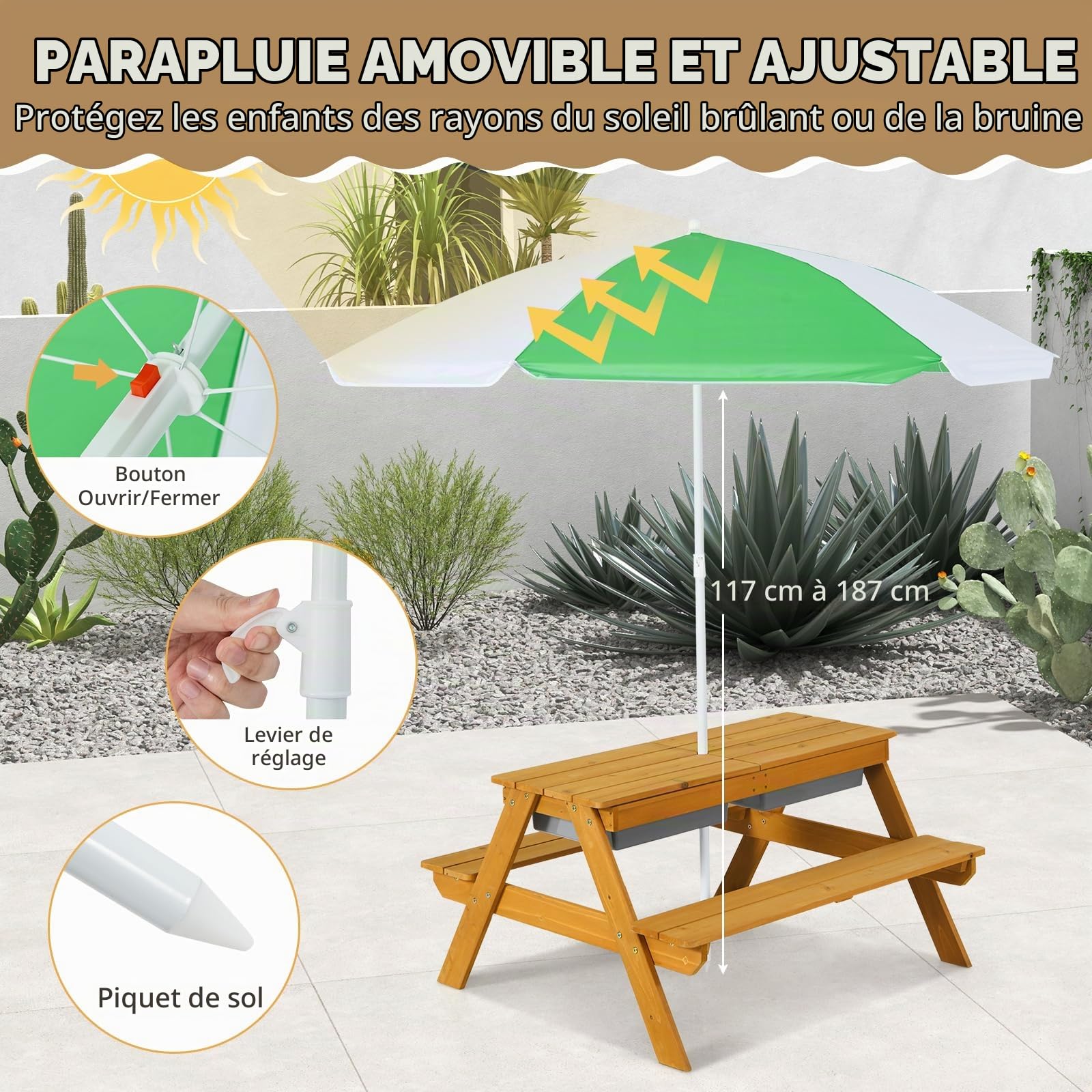 SOARS 3 in 1 Table Exterieur Enfant en Bois de Sapin, avec Parasol Réglable en Hauteur, Plateau de Table Amovible & 2 Boîtes de Jeu, Charge 50KG, pour Garçon & Fille 3-7 Ans (Vert + Blanc)