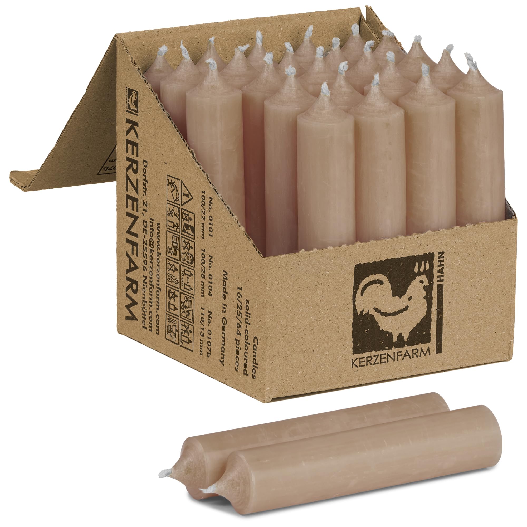 Kurze Stabkerzen 100 x 22 mm durchgehend gefärbt - Spitzkerzen aus Deutschland - Kerzenfarm Hahn - Unparfümierte und RAL-Zertifizierte Tafelkerzen (25, Beige)