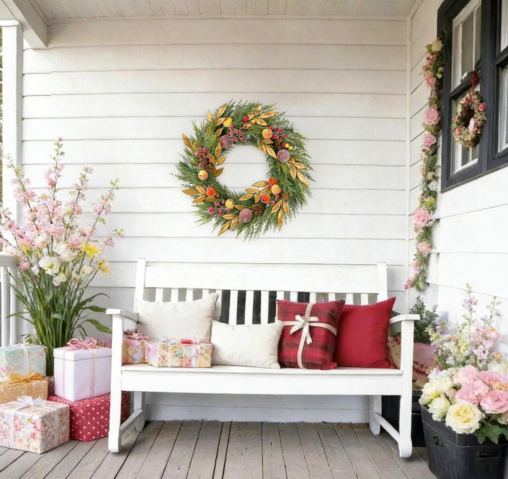 Türkranz 60 cm Kranz Zypresse Künstlich Türkranz Tischkranz mit Beeren Tannenzapfen Früchte zum Aufhängen Ganzjährige Dekoration Weihnachtsdeko für Zuhause Wand