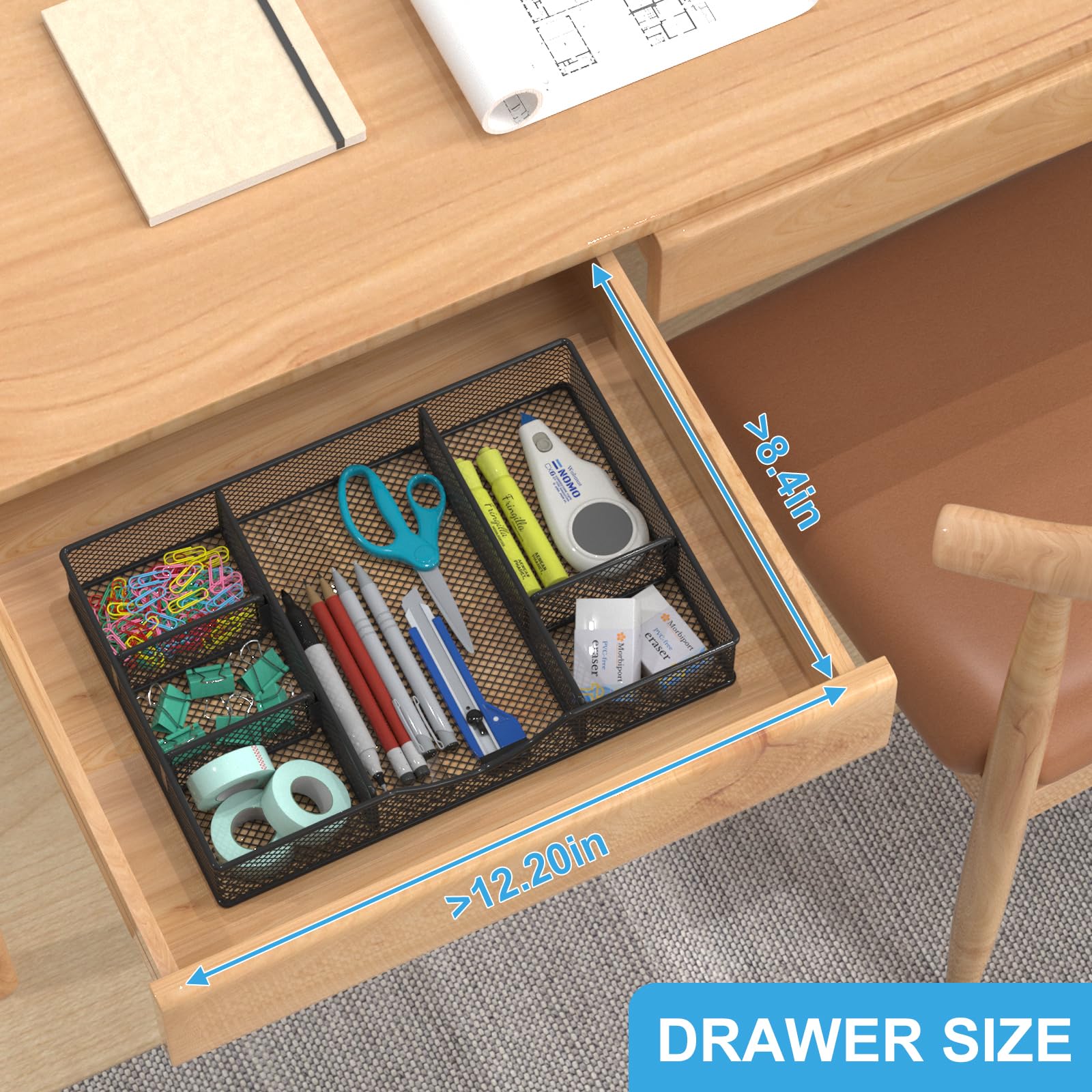 VyGrow Vassoio organizer per cassetti da scrivania, in rete metallica, organizer per ufficio, 6 scomparti regolabili, vassoio organizer da scrivania per casa e ufficio, 30,5 x 21 x 5 cm, nero,