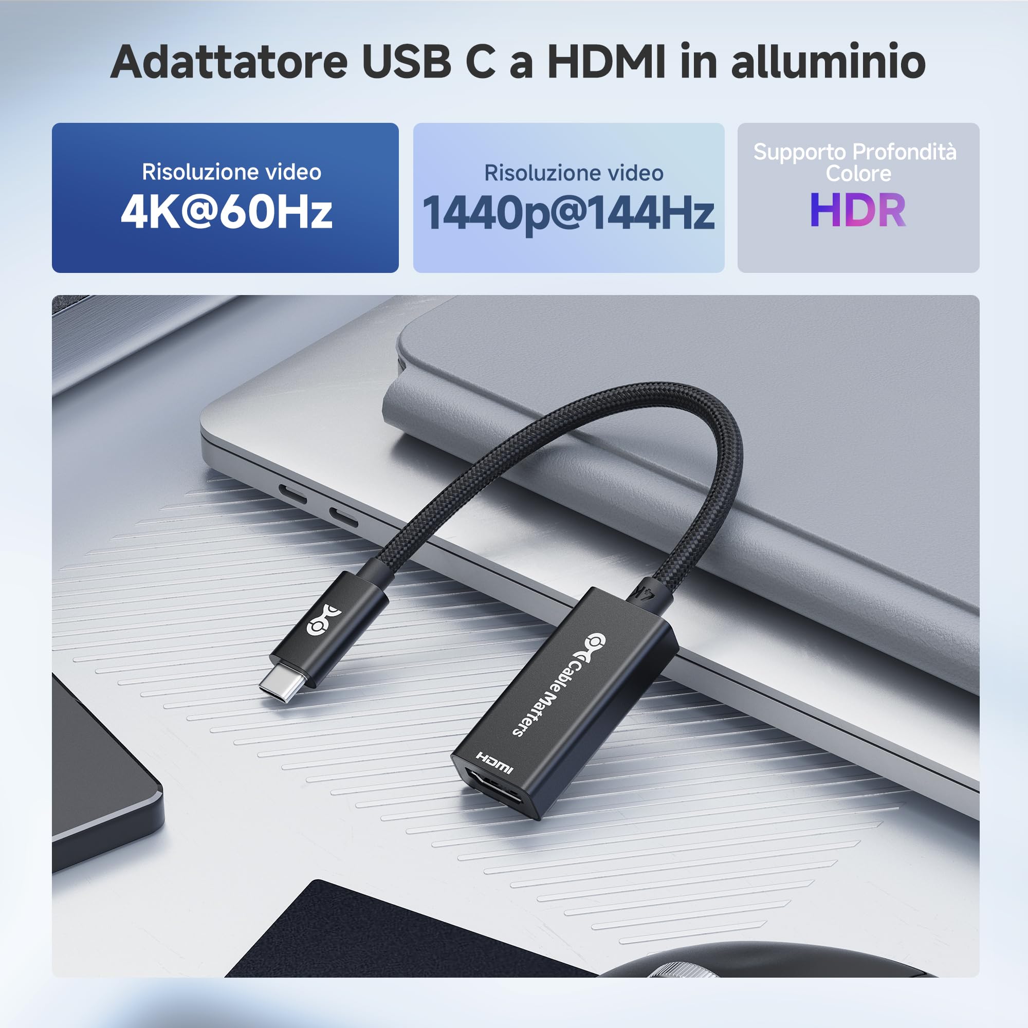 Cable Matters Adattatore USB C HDMI in Alluminio, 4K@60Hz, 1440p@144Hz, HDR, Adattatore da USB C a HDMI per iPhone 17/16/15, Laptop, Tablet, TV e Monitor
